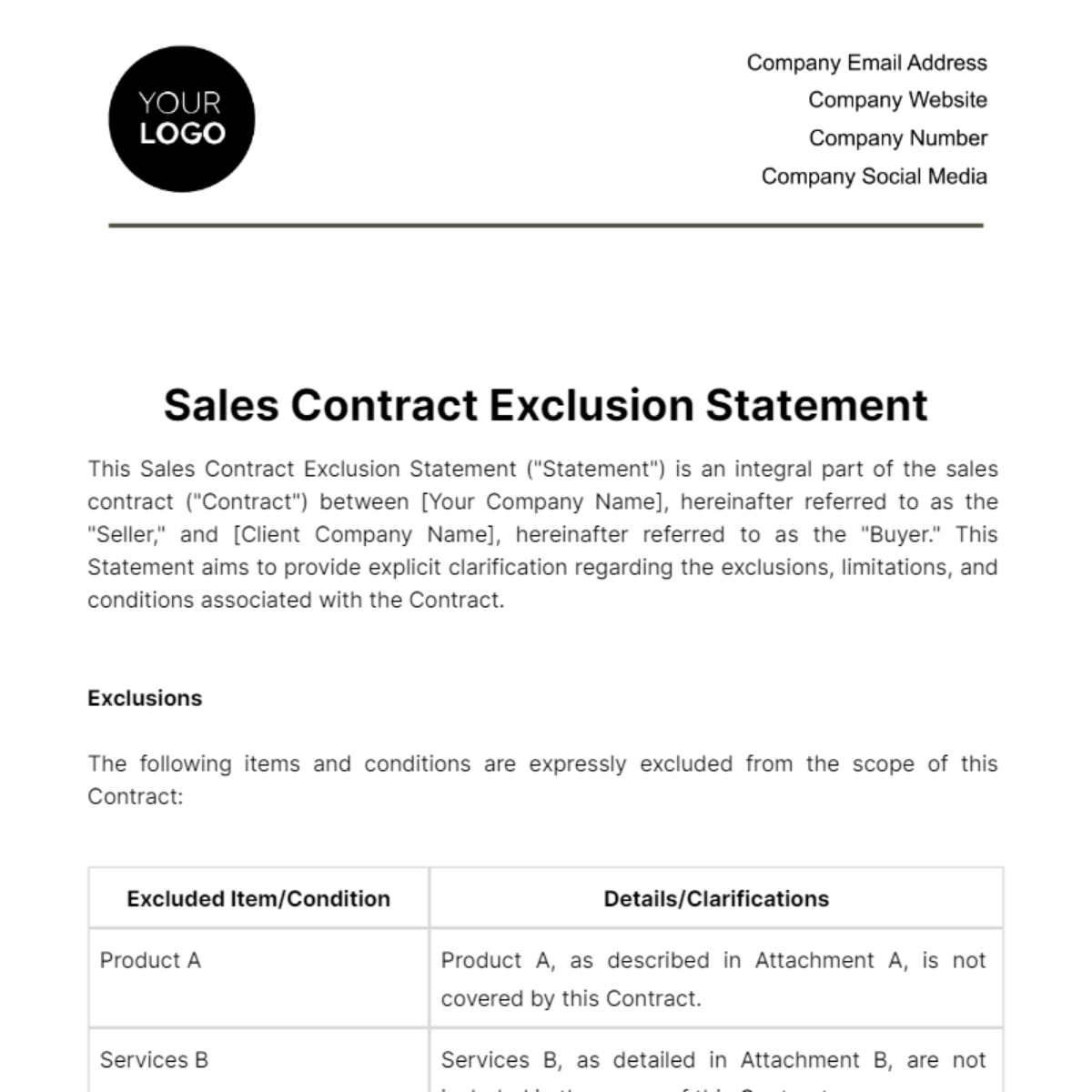 Sales Contract Exclusion Statement Template