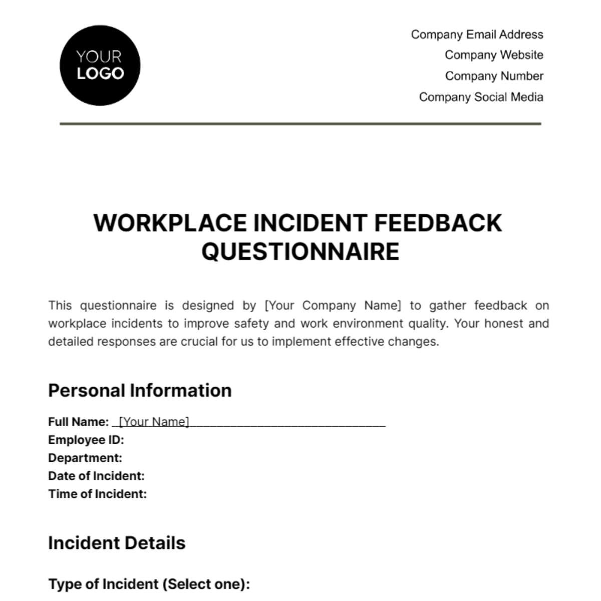 Workplace Incident Feedback Questionnaire Template
