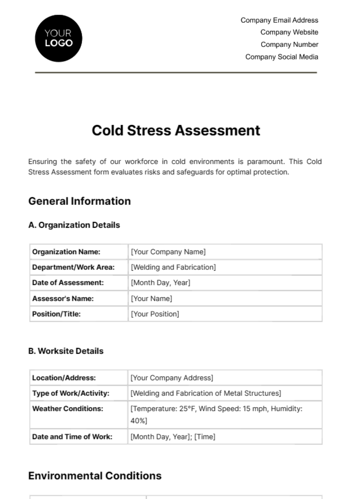Free Cold Stress Assessment Template