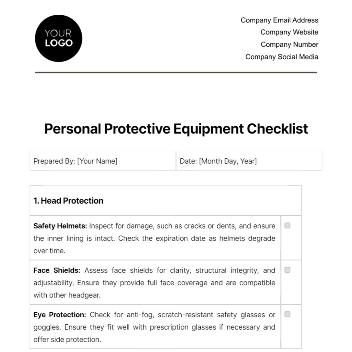 Personal Protective Equipment Checklist Template - Edit Online ...