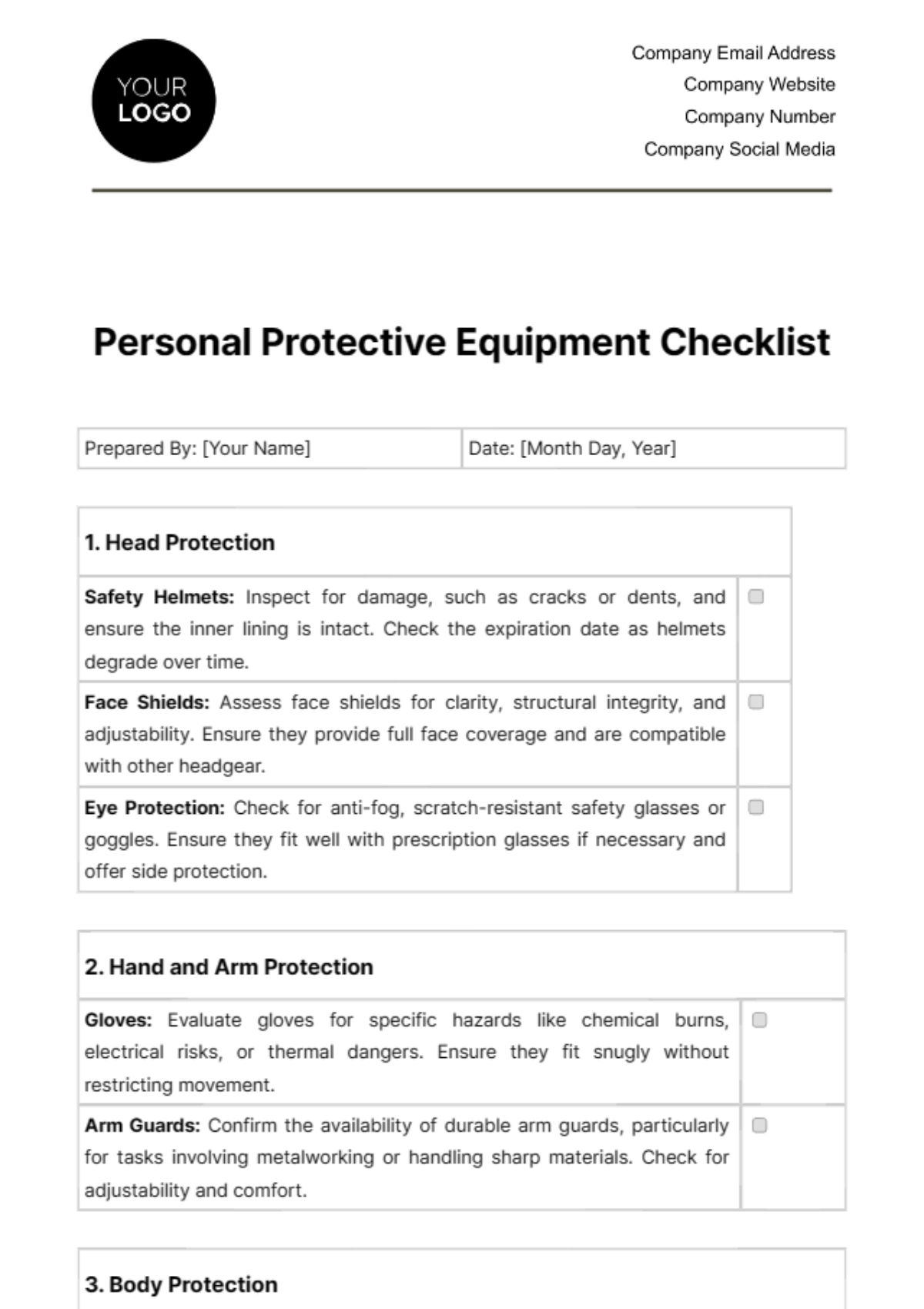 Personal Protective Equipment Checklist Template