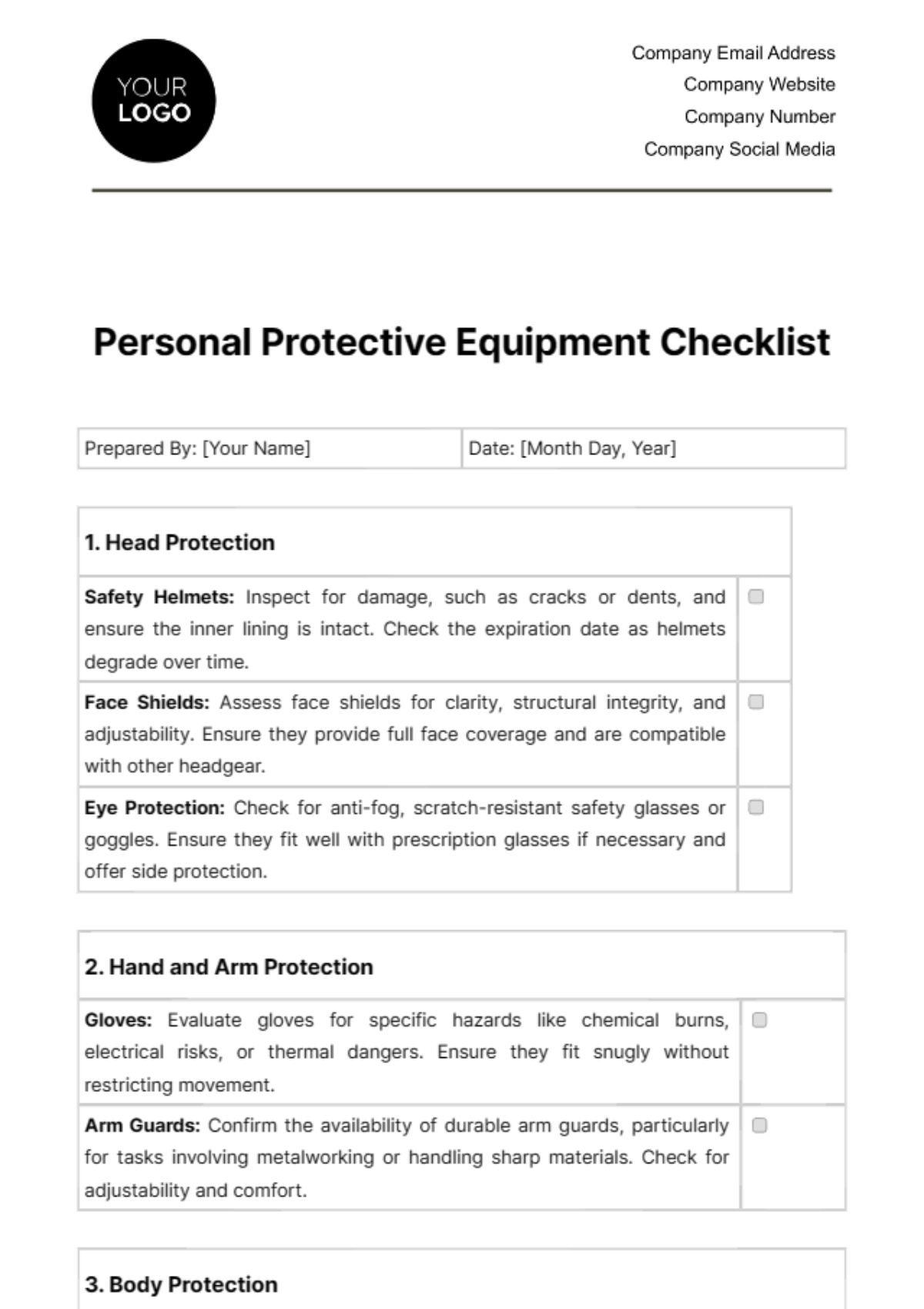 Personal Protective Equipment Checklist Template - Edit Online & Download