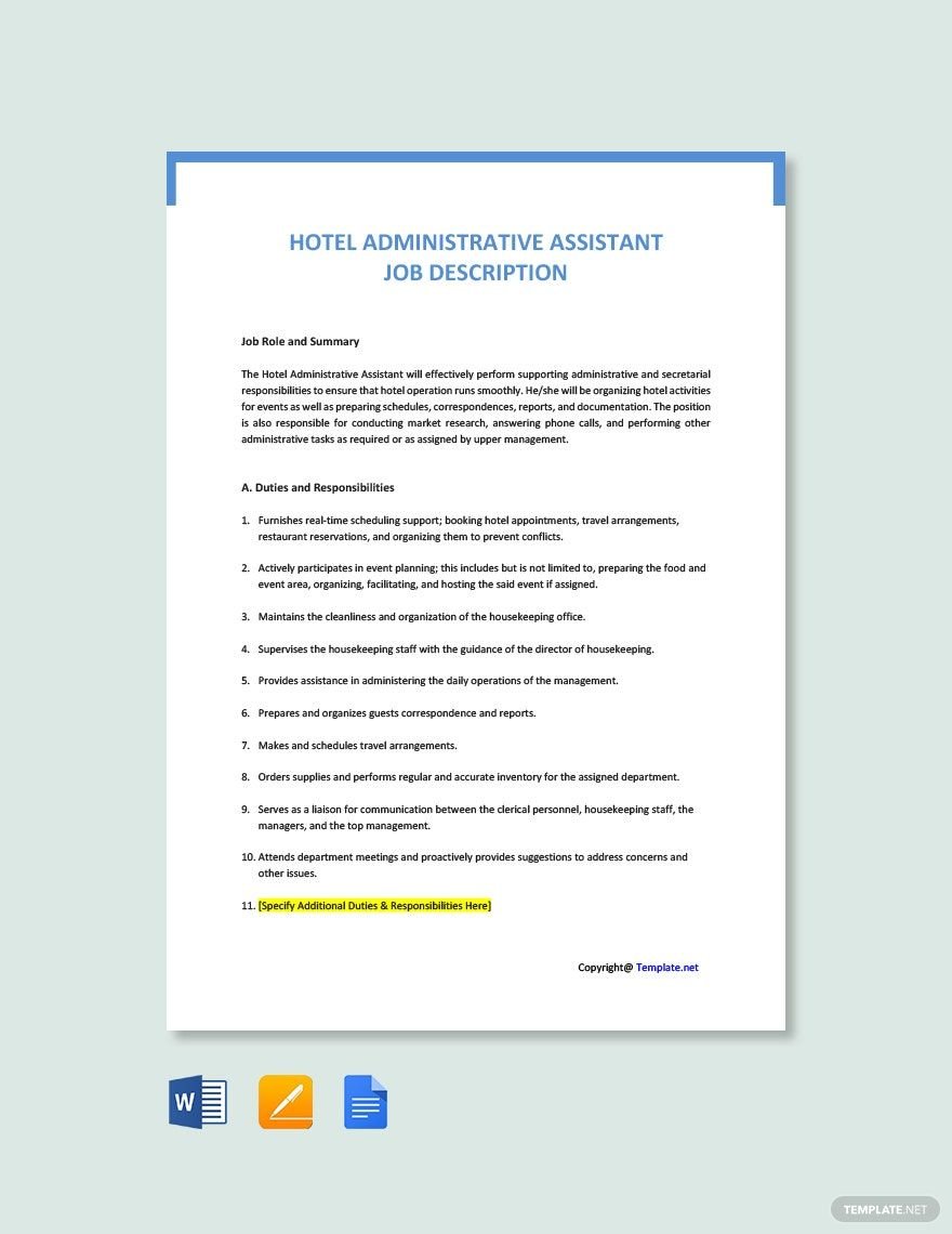 Hotel Administrative Assistant Job Ad/Description Template