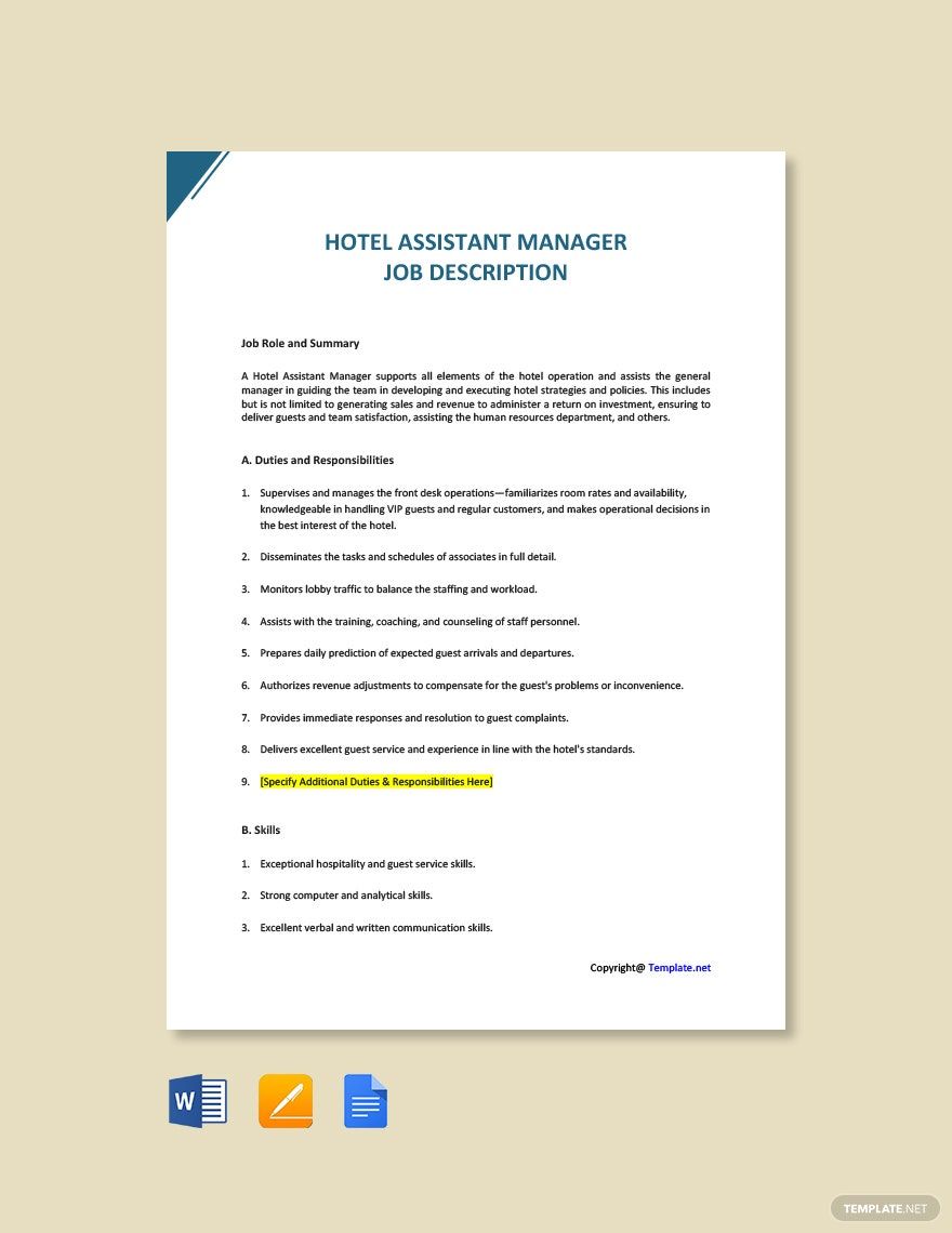 Hotel Assistant Manager Job Ad/Description Template