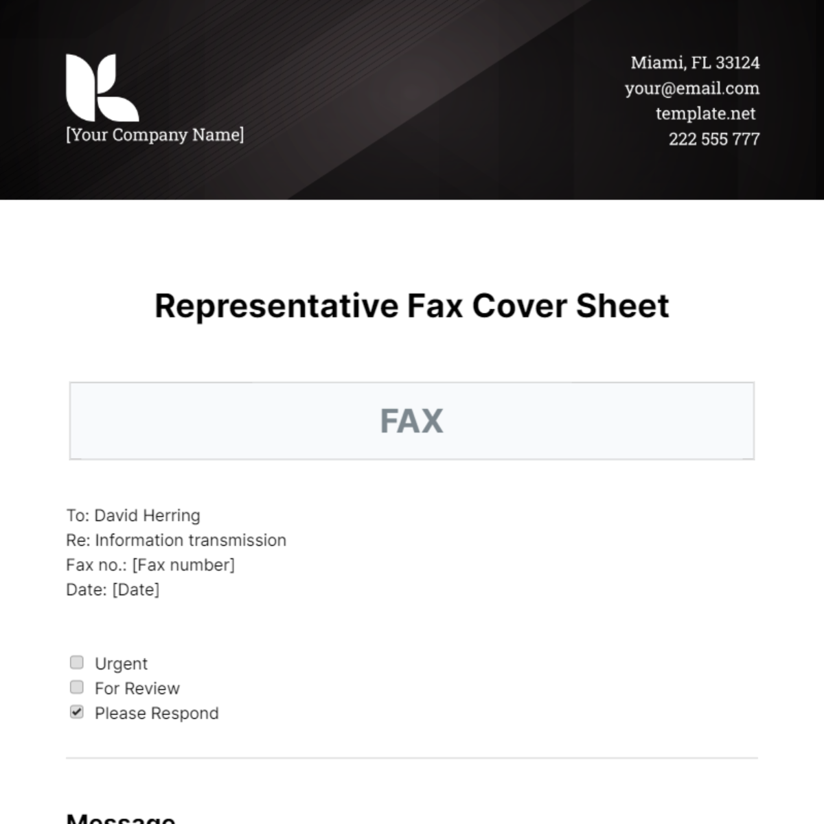Representative Fax Cover Sheet