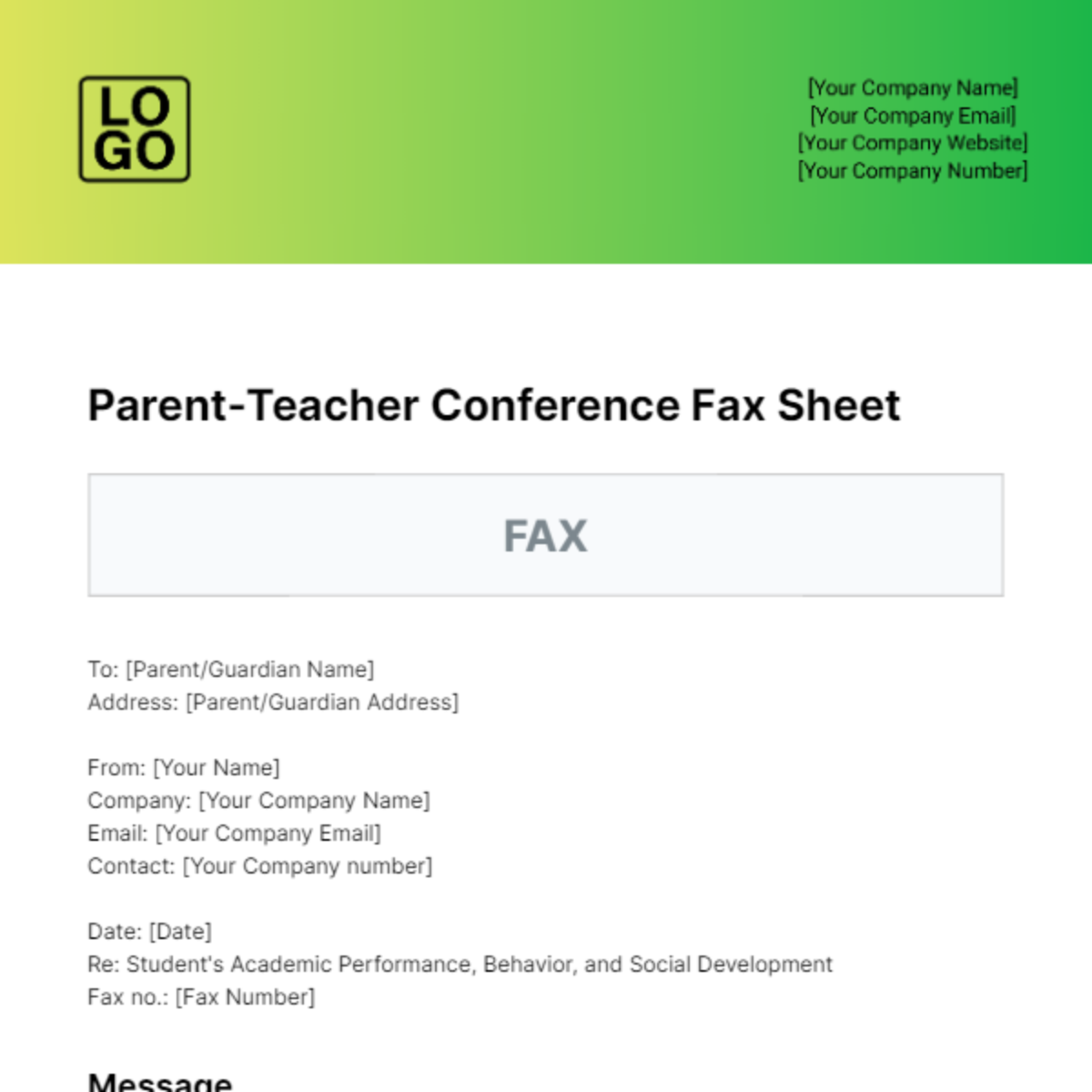 Parent-Teacher Conference Fax Sheet Template