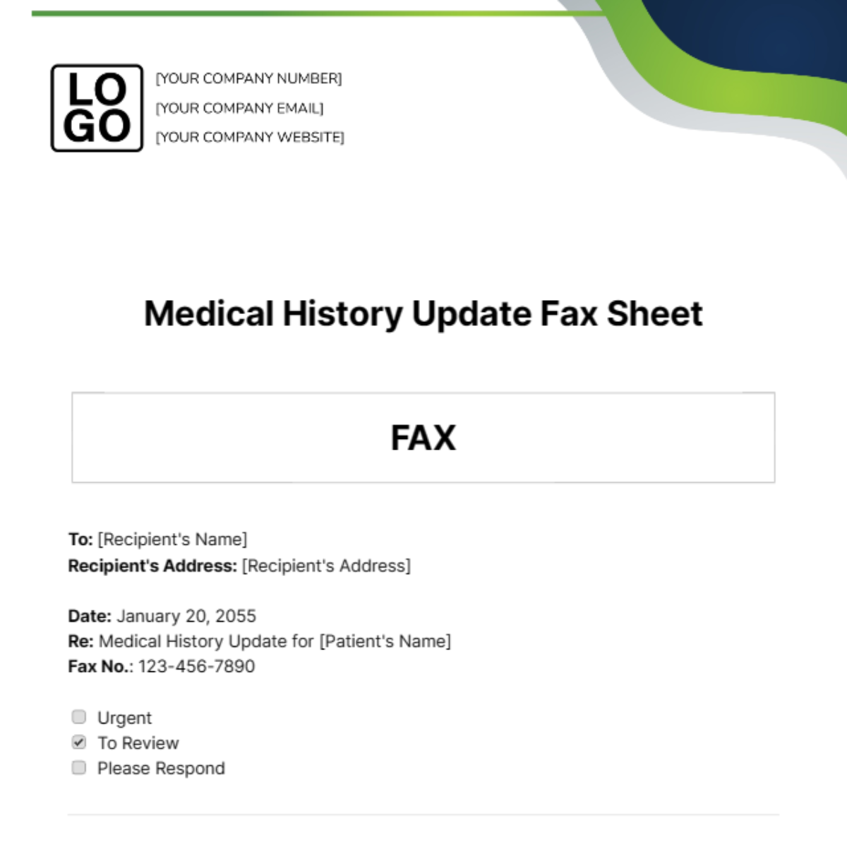 Medical History Update Fax Sheet Template