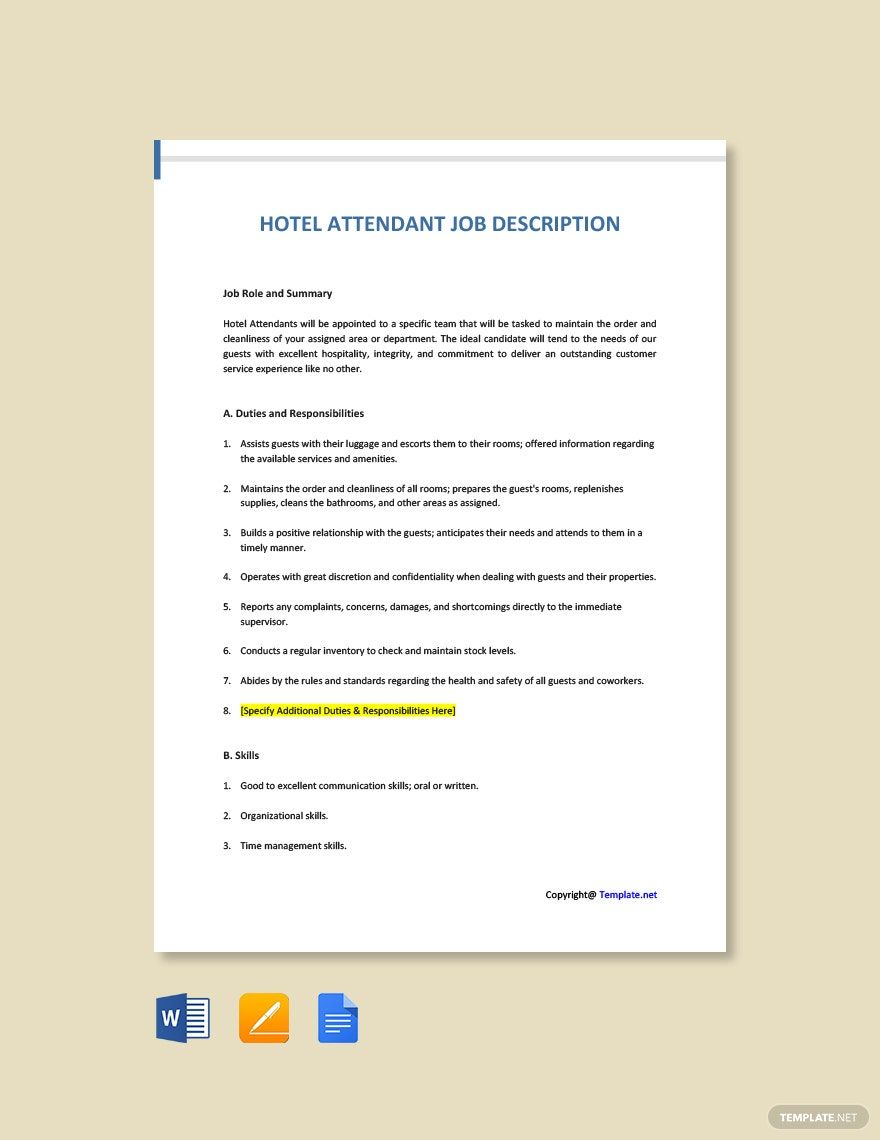 Hotel Attendant Job Ad/Description Template