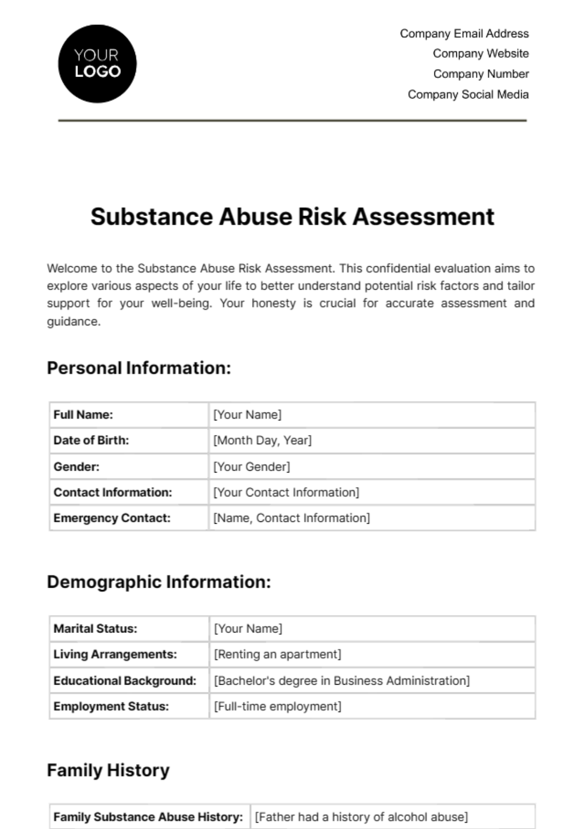 Free Substance Abuse Risk Assessment Template