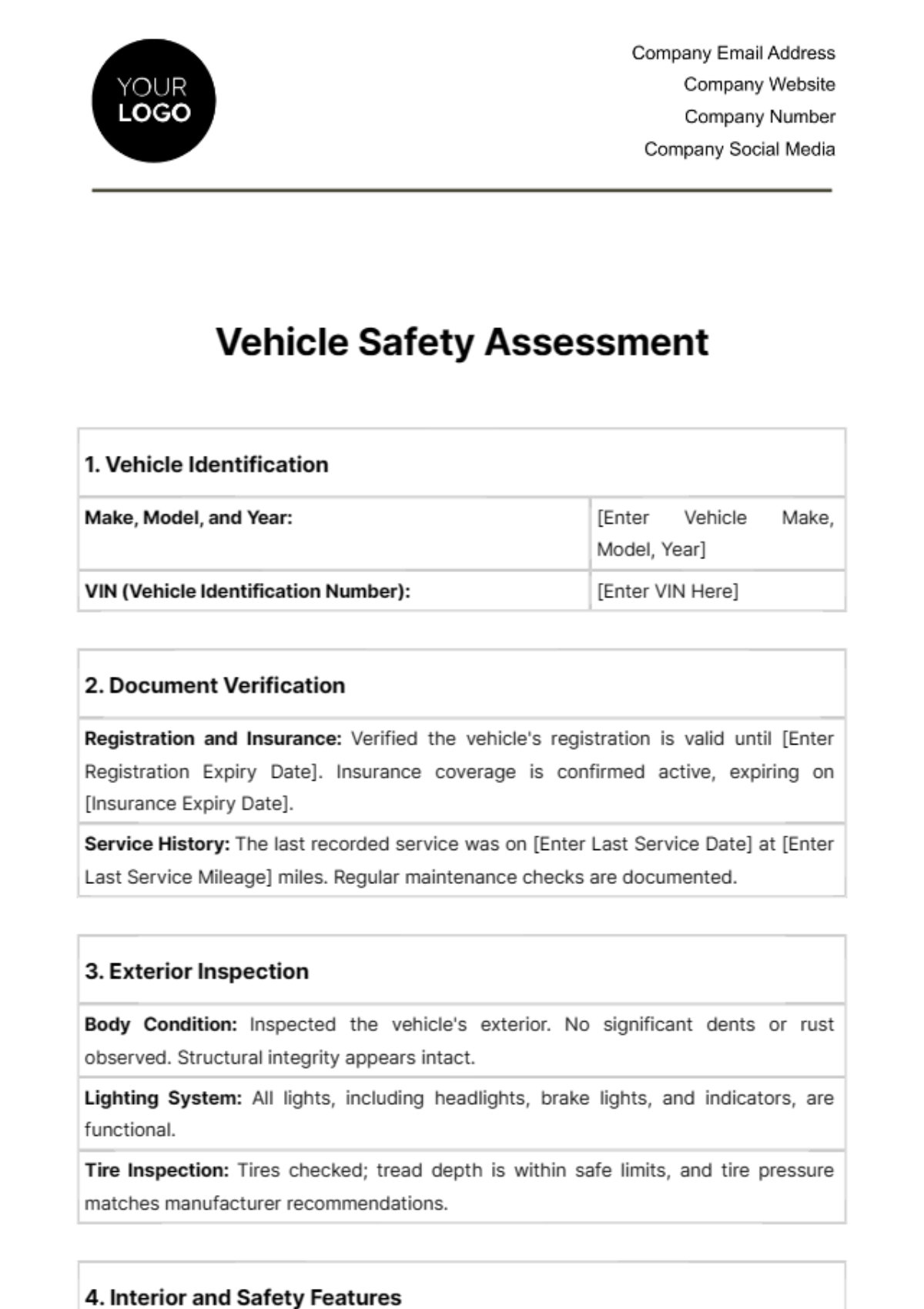 Free Vehicle Safety Assessment Template