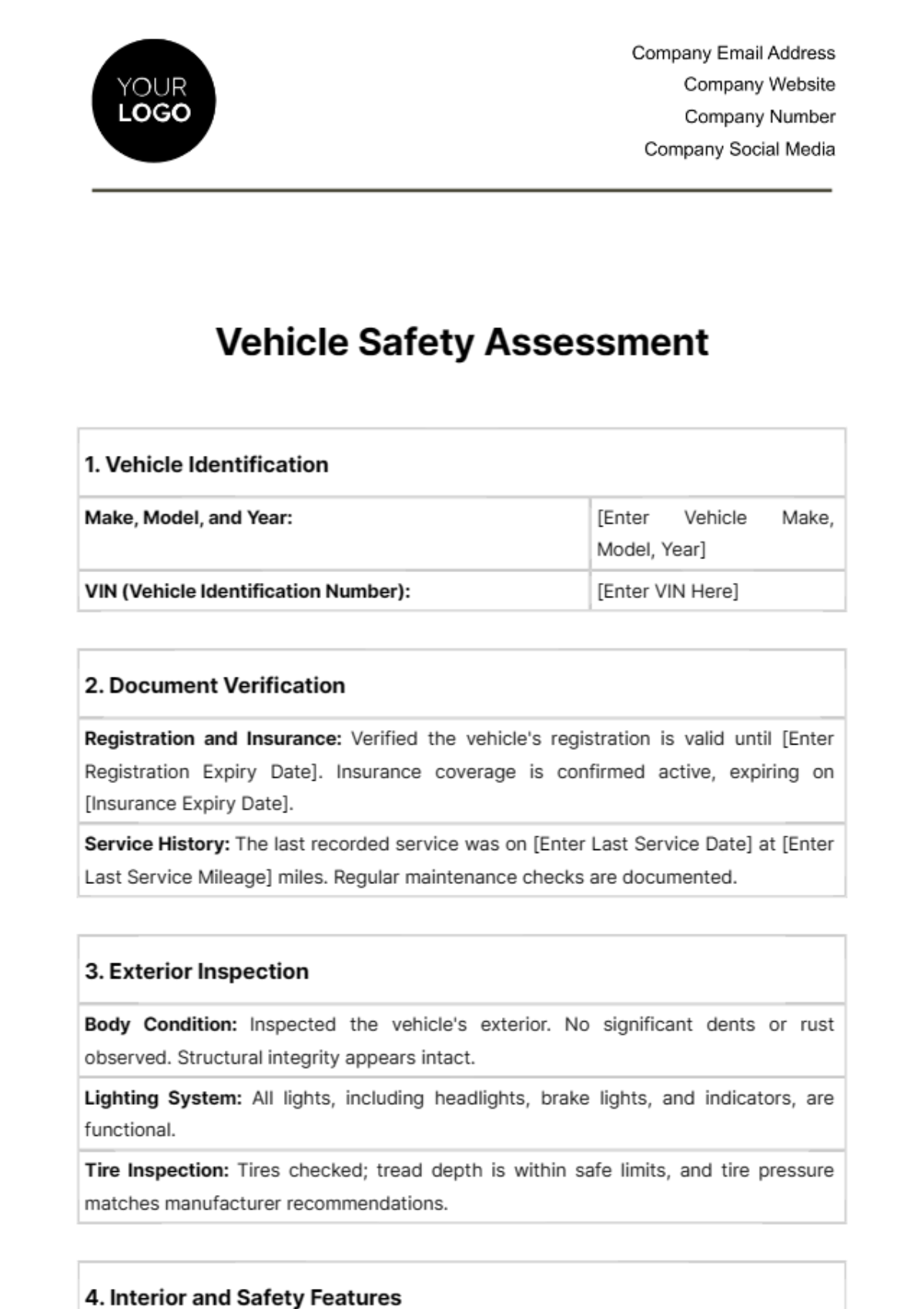 Vehicle Safety Assessment Template - Edit Online & Download