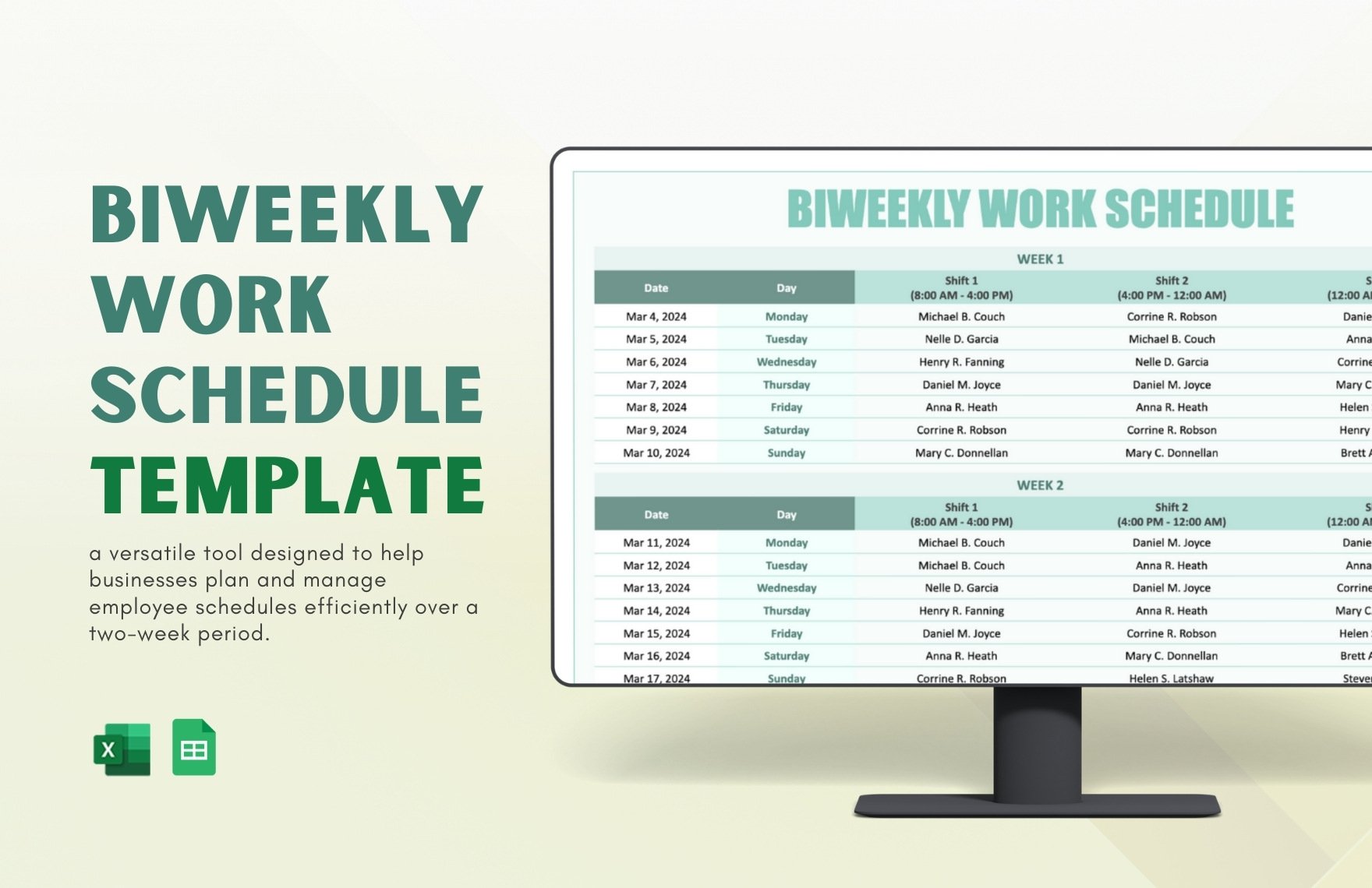 Biweekly Work Schedule Template in Excel, Google Sheets