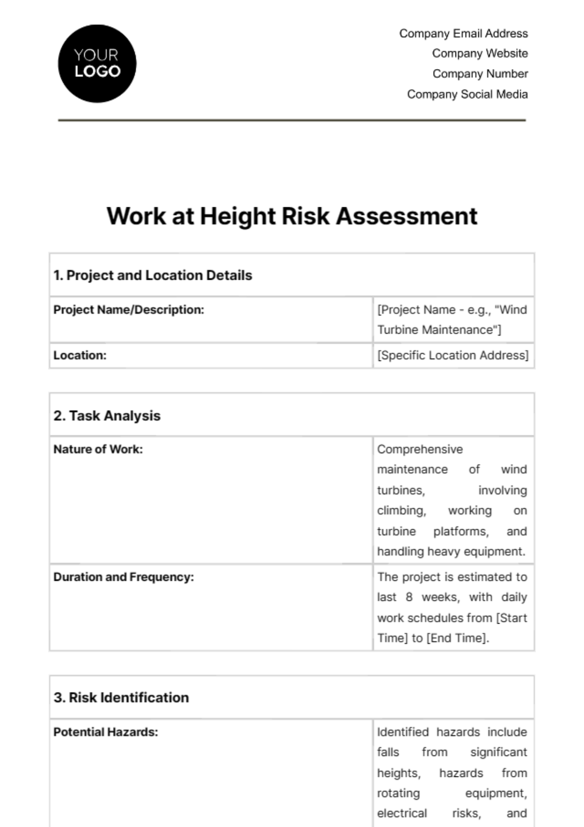 Free Work at Height Risk Assessment Template