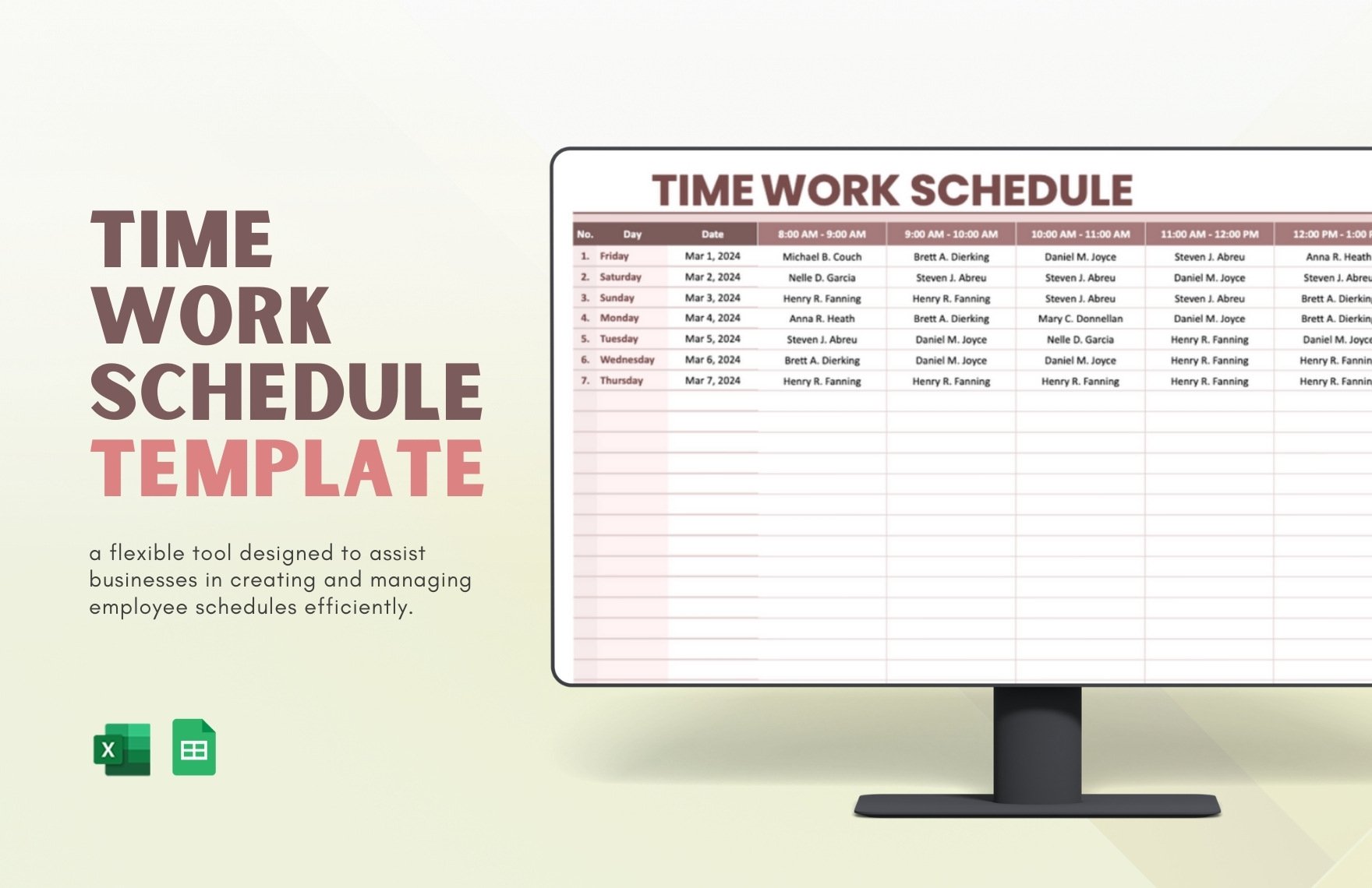 Time Work Schedule Template in Excel, Google Sheets