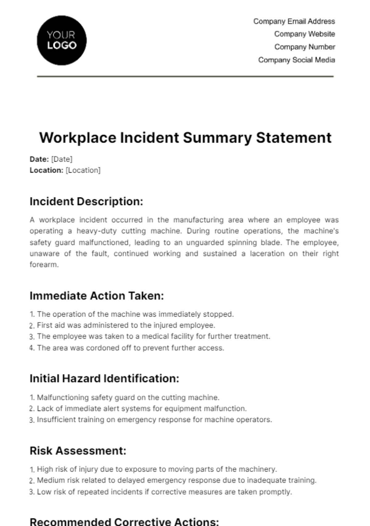 Workplace Incident Summary Statement Template