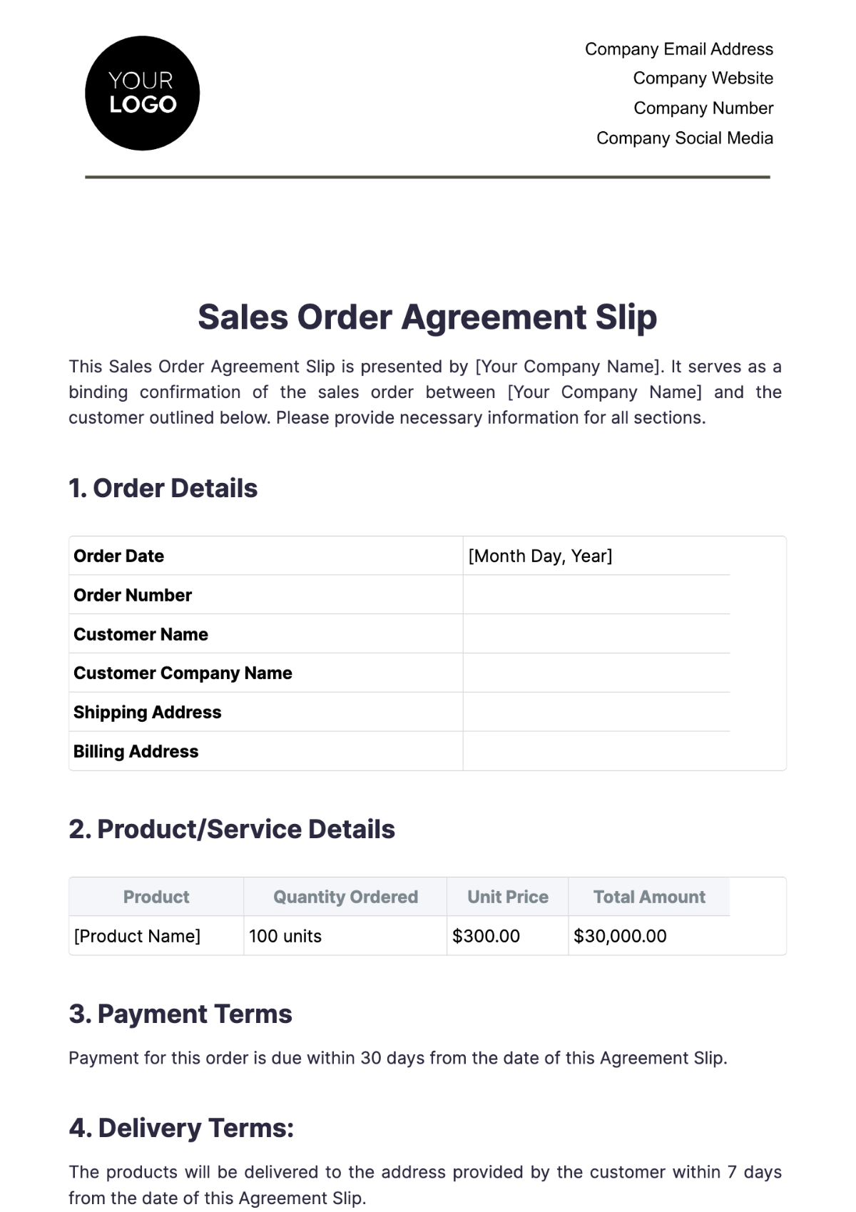 Sales Order Agreement Slip Template - Edit Online & Download