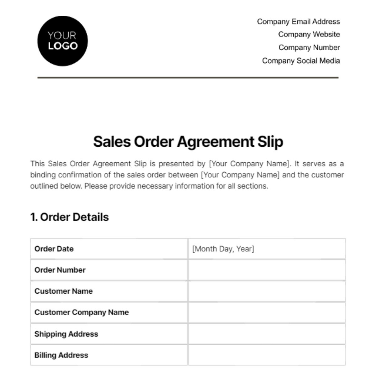 Sales Order Agreement Slip Template