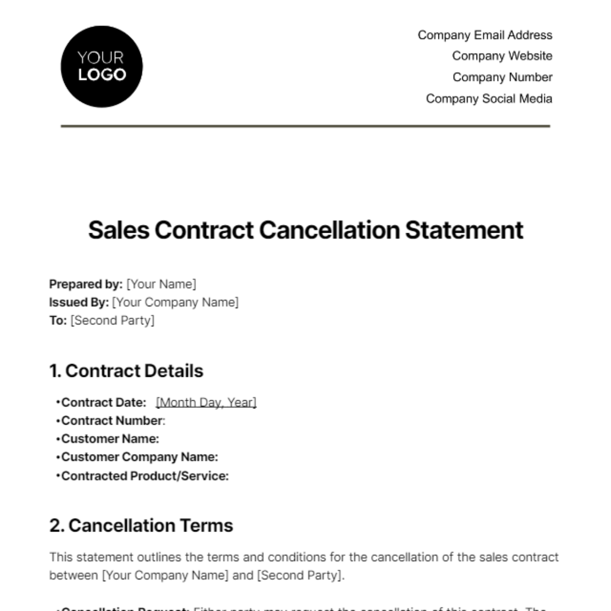Sales Contract Cancellation Statement Template