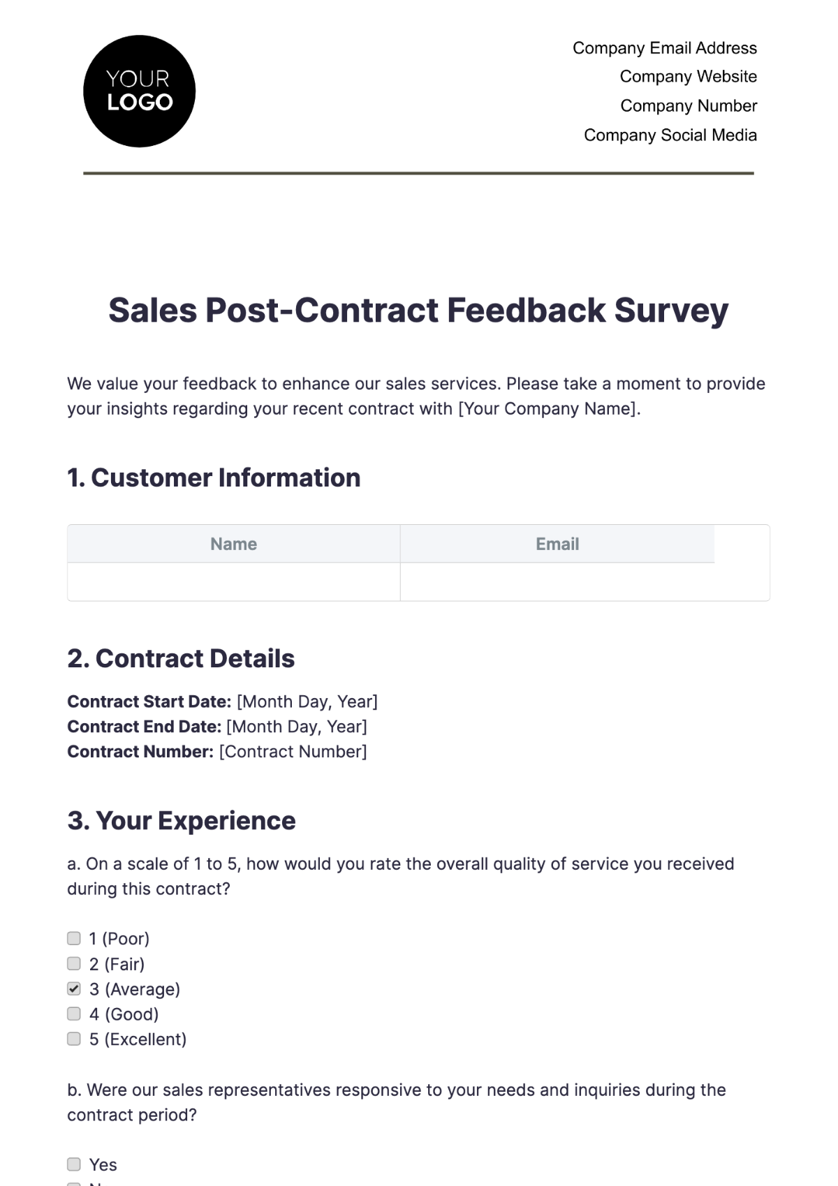 Sales Post-Contract Feedback Survey Template - Edit Online & Download