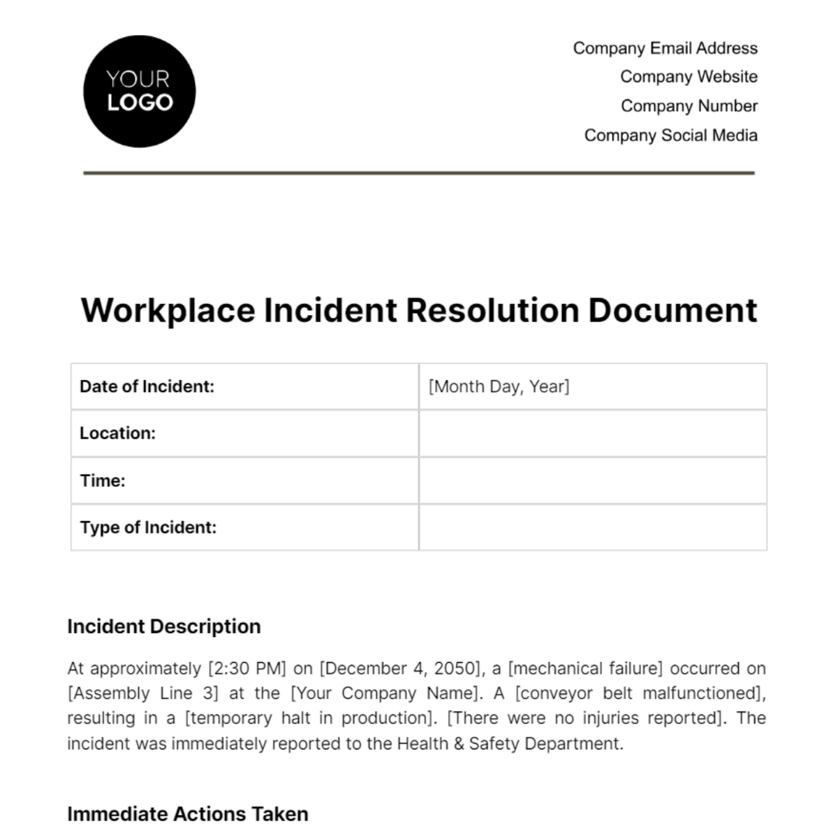 Free Workplace Incident Resolution Document Template