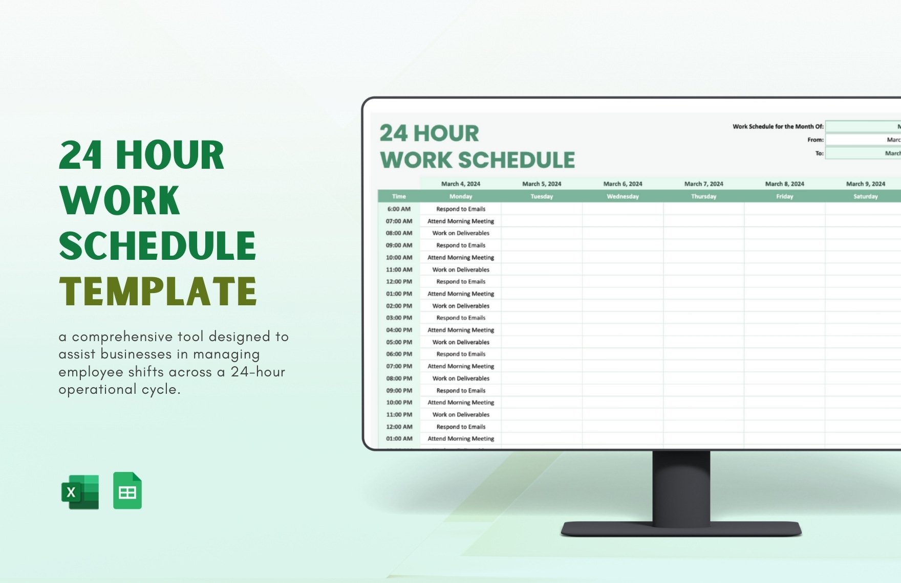 24 Hour Work Schedule Template in Excel, Google Sheets