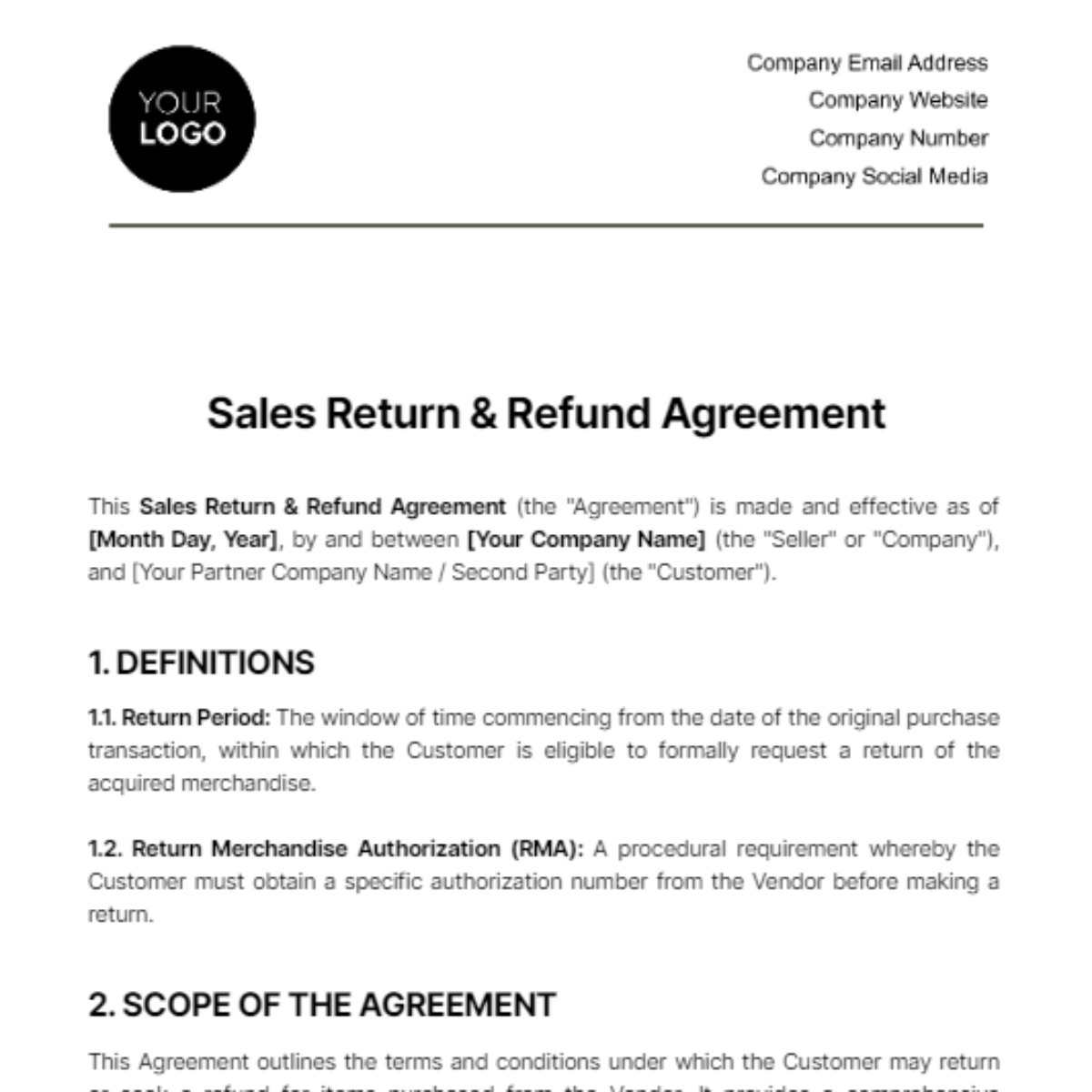 Sales Return & Refund Agreement Template