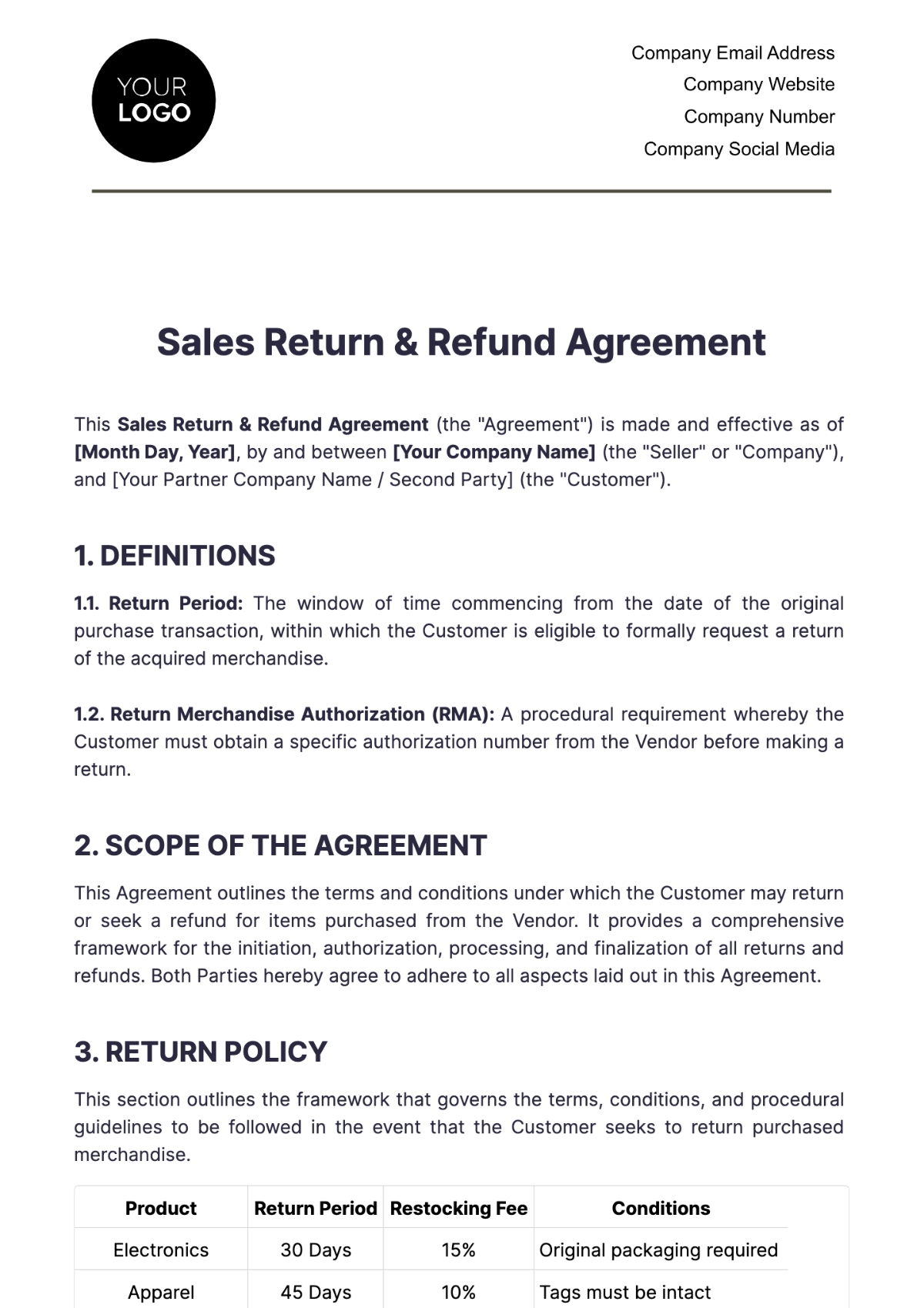 Sales Return & Refund Agreement Template - Edit Online & Download