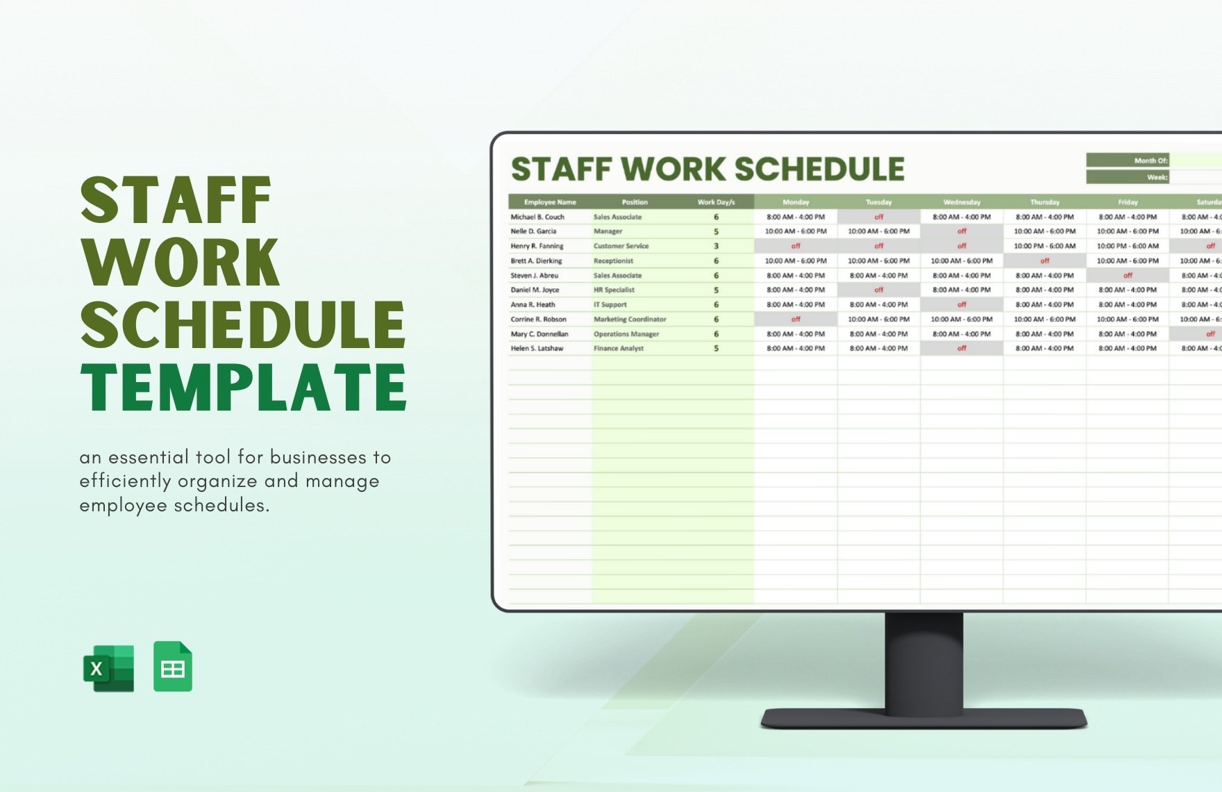 Staff Work Schedule Template in Excel, Google Sheets