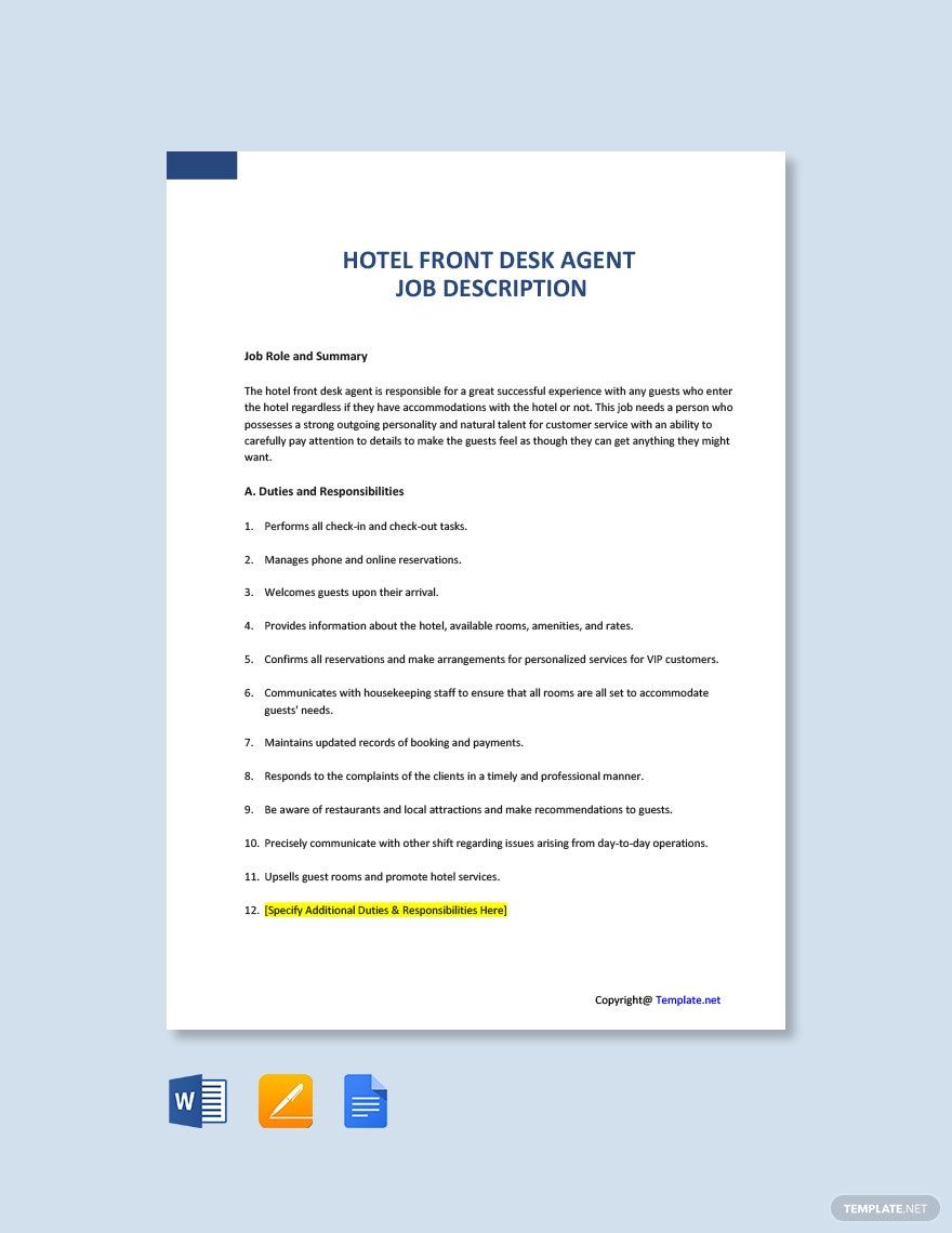 Hotel Front Desk Agent Job Description Template - Google Docs, Word |  Template.net