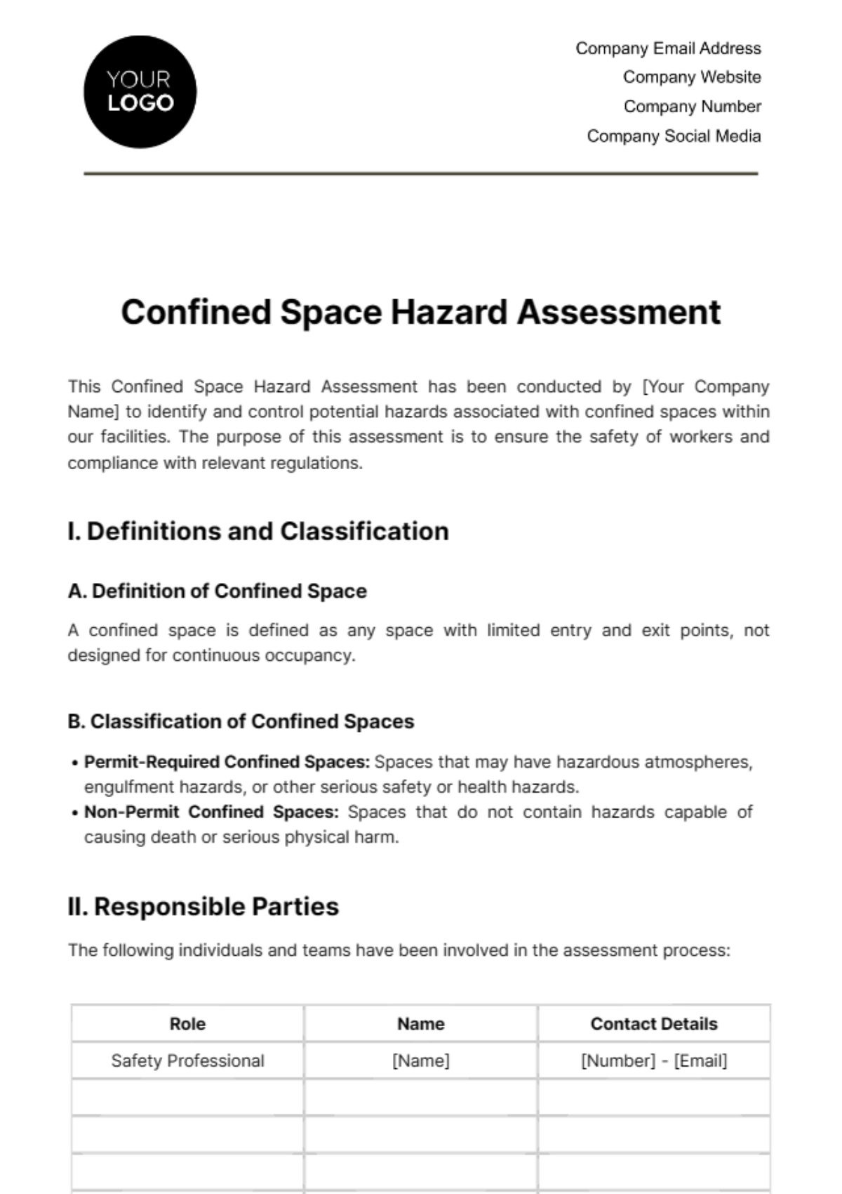 Free Confined Space Hazard Assessment Template