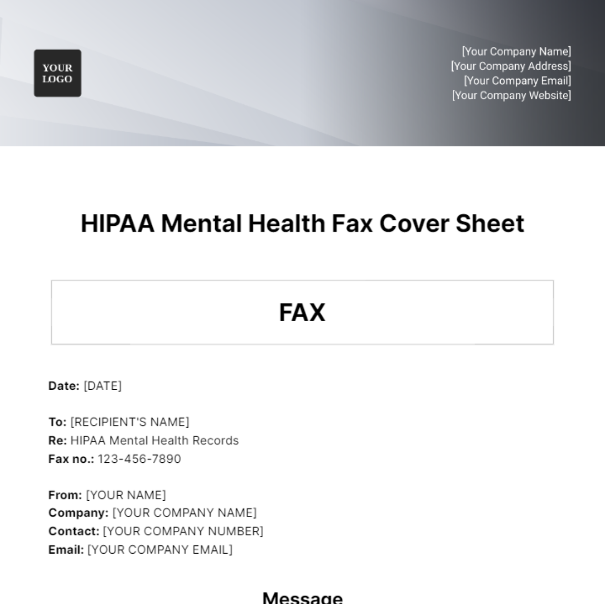 HIPAA Mental Health Fax Cover Sheet Template