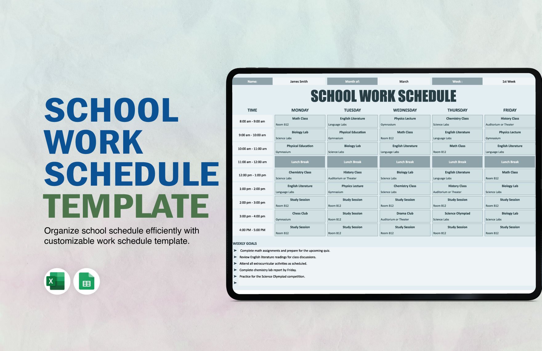 School Work Schedule Template in Excel, Google Sheets