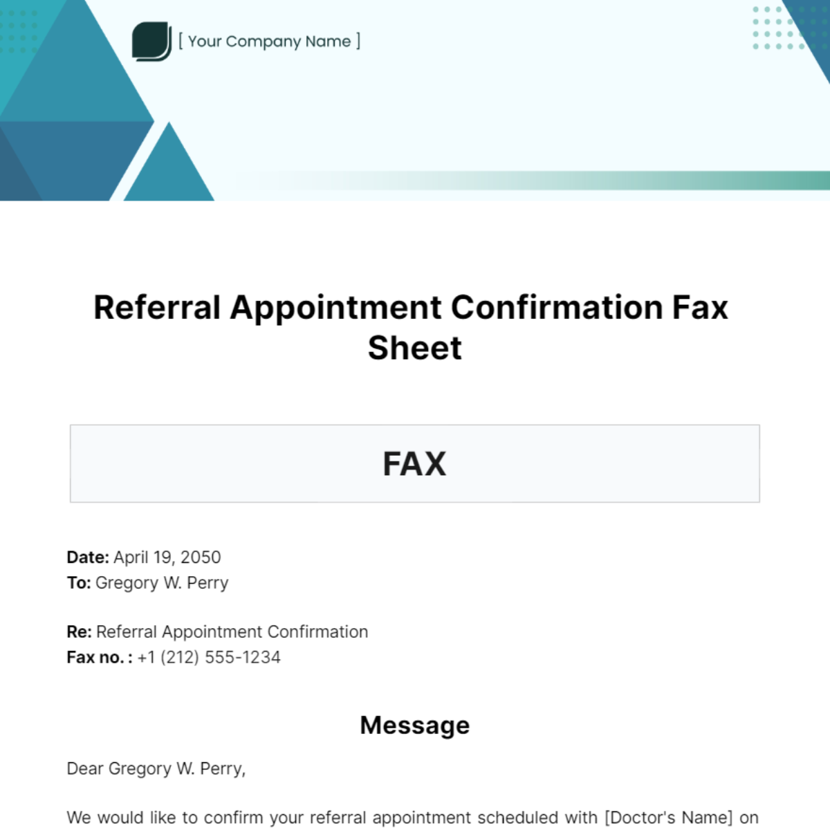 Referral Appointment Confirmation Fax Sheet Template