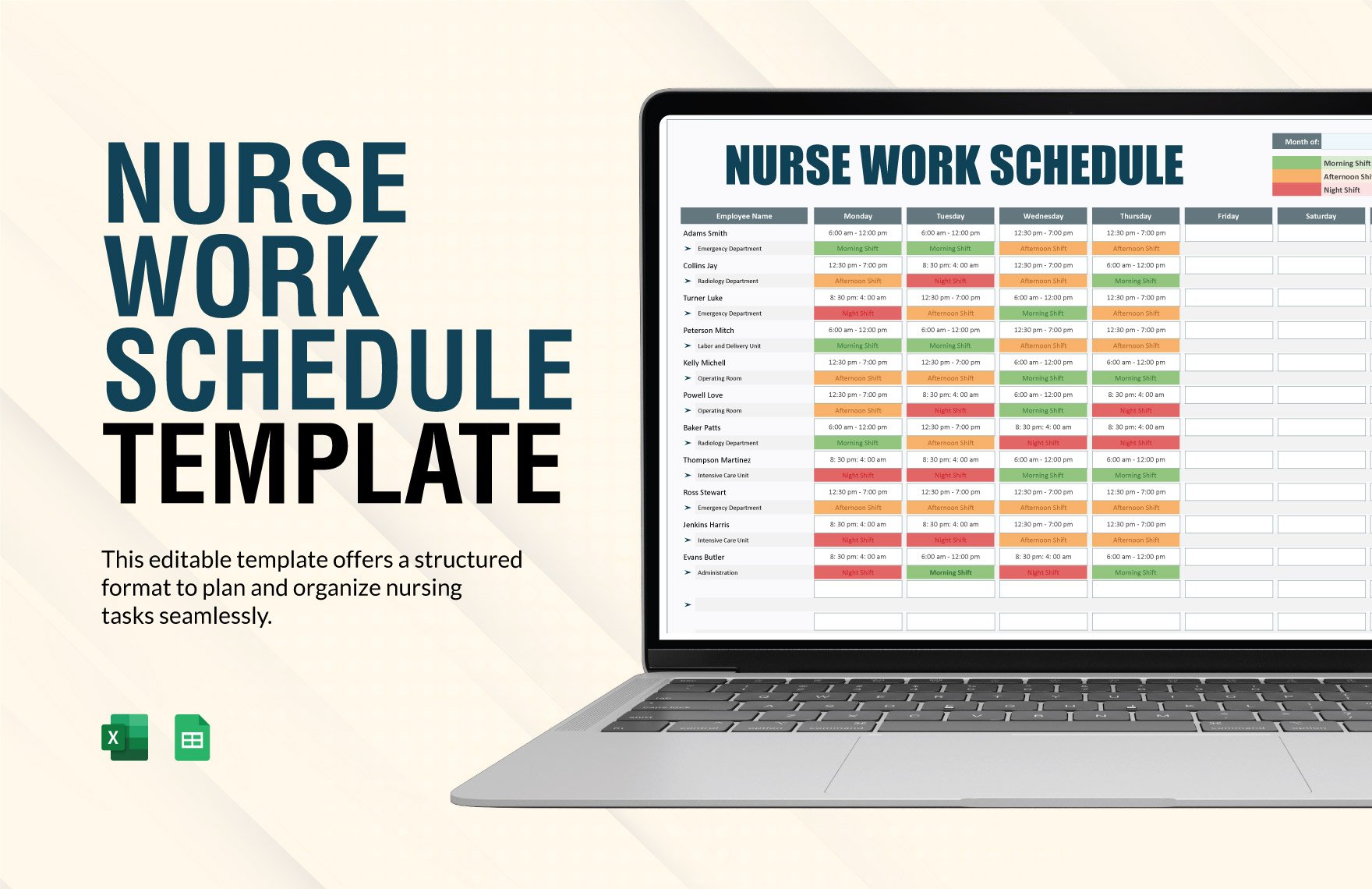 Nurse Work Schedule Template in Excel, Google Sheets