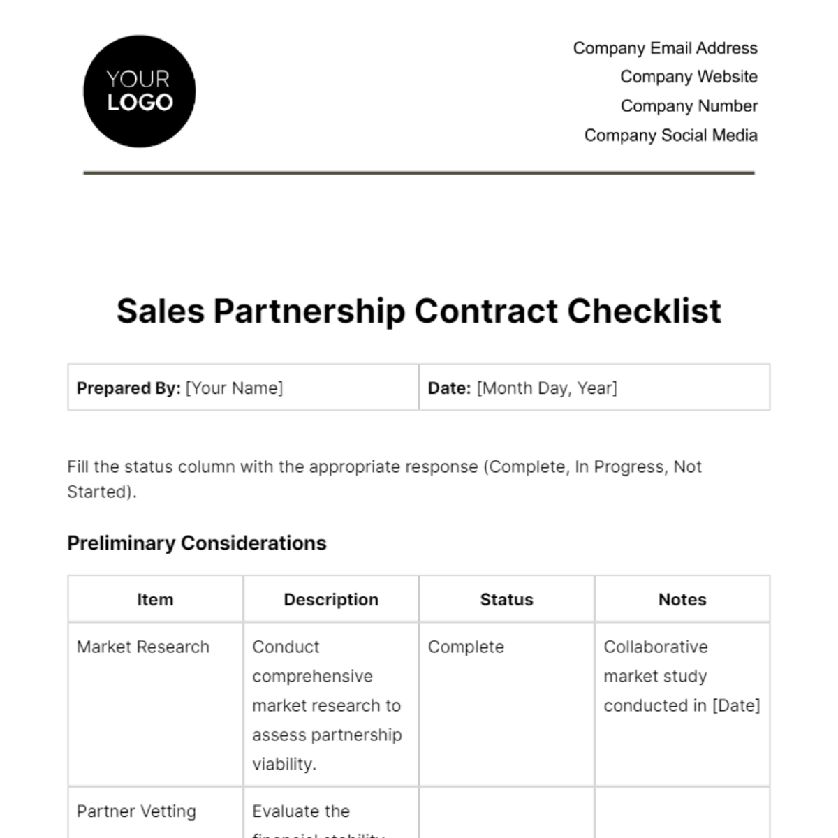 Free Sales Partnership Contract Checklist Template