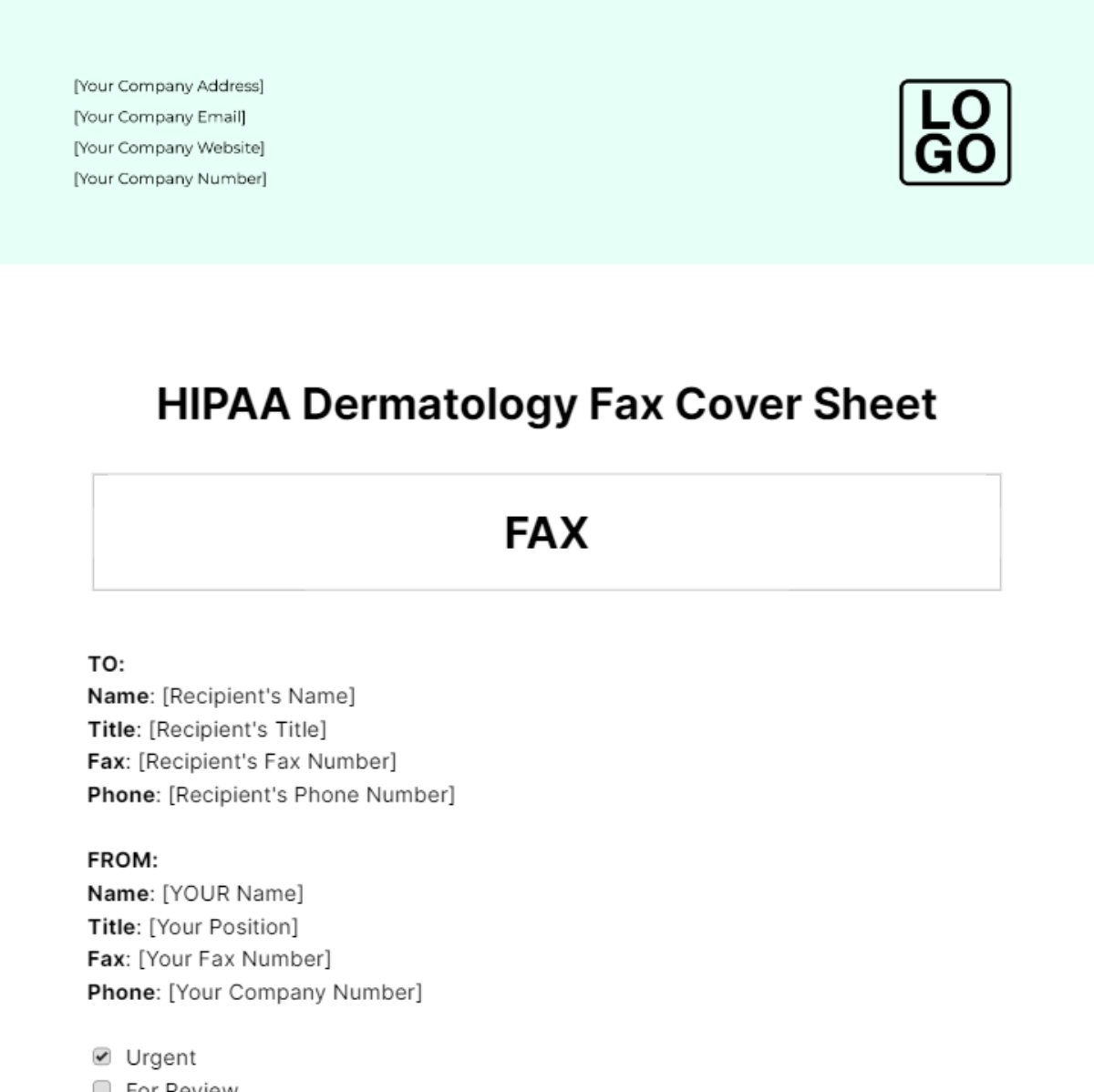 HIPAA Dermatology Fax Cover Sheet Template