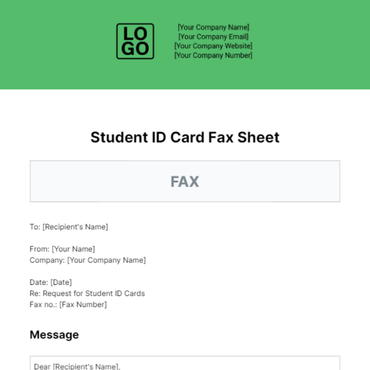 Student ID Card Fax Sheet Template