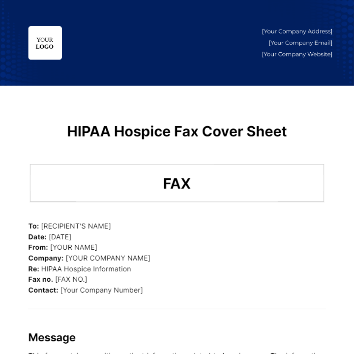 HIPAA Hospice Fax Cover Sheet Template