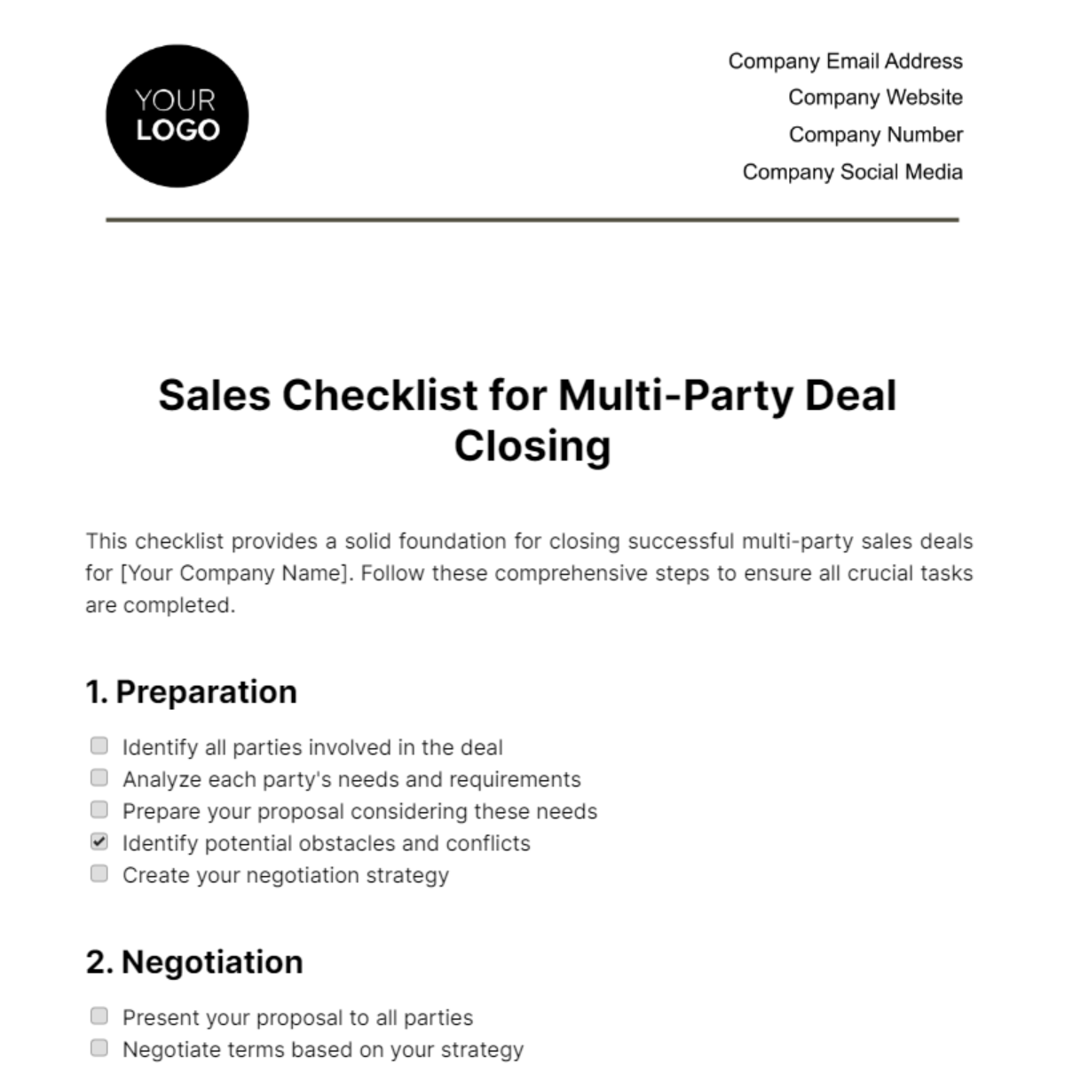 Sales Checklist for Multi-Party Deal Closing Template - Edit Online & Download