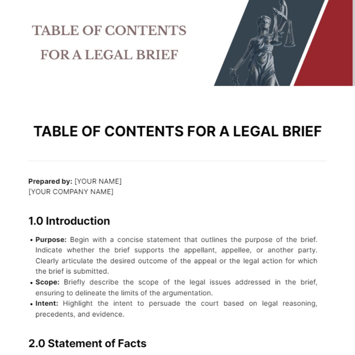 Table of Contents for a Legal Brief Template - Edit Online & Download