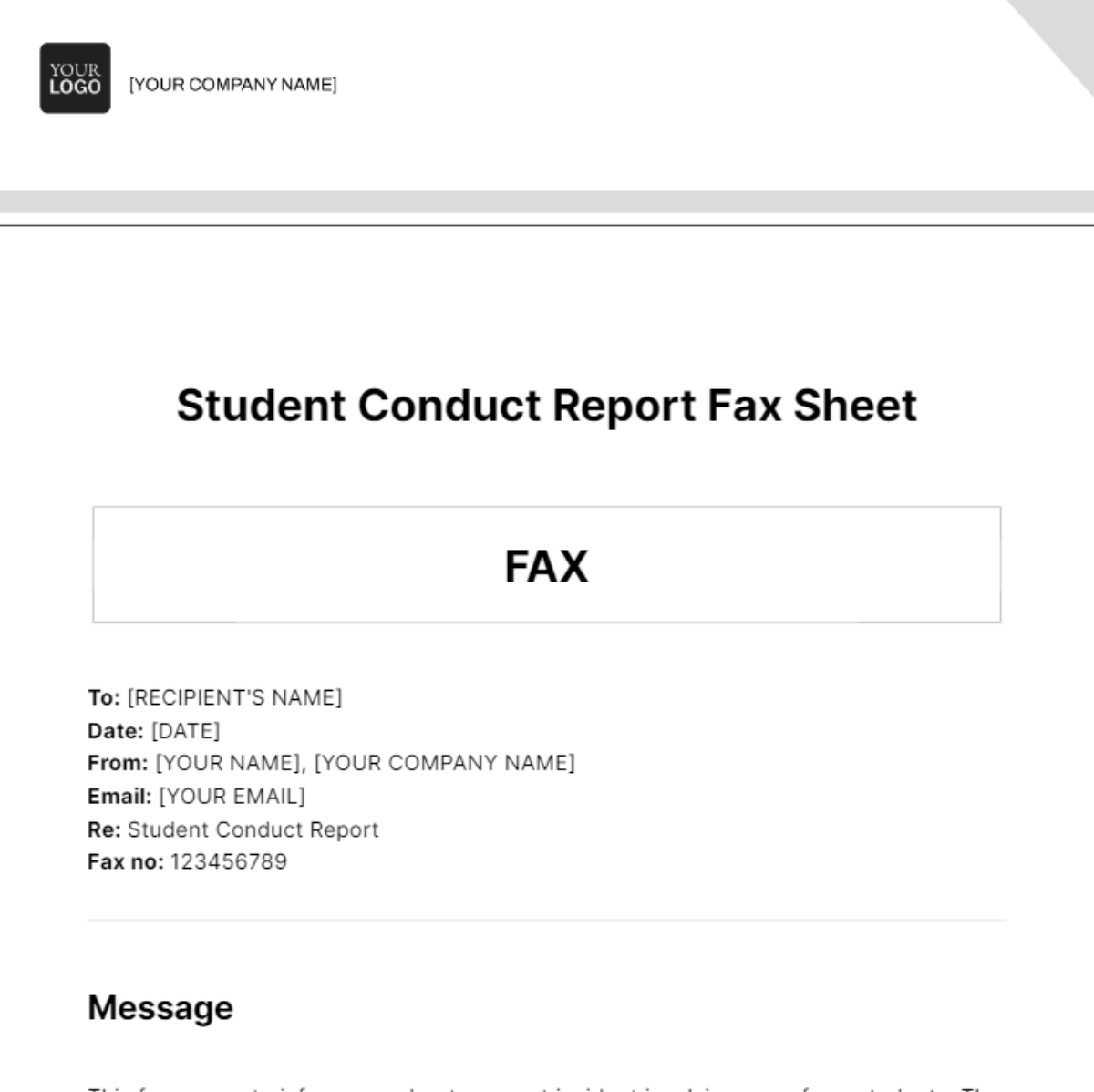 Free Student Conduct Report Fax Sheet Template