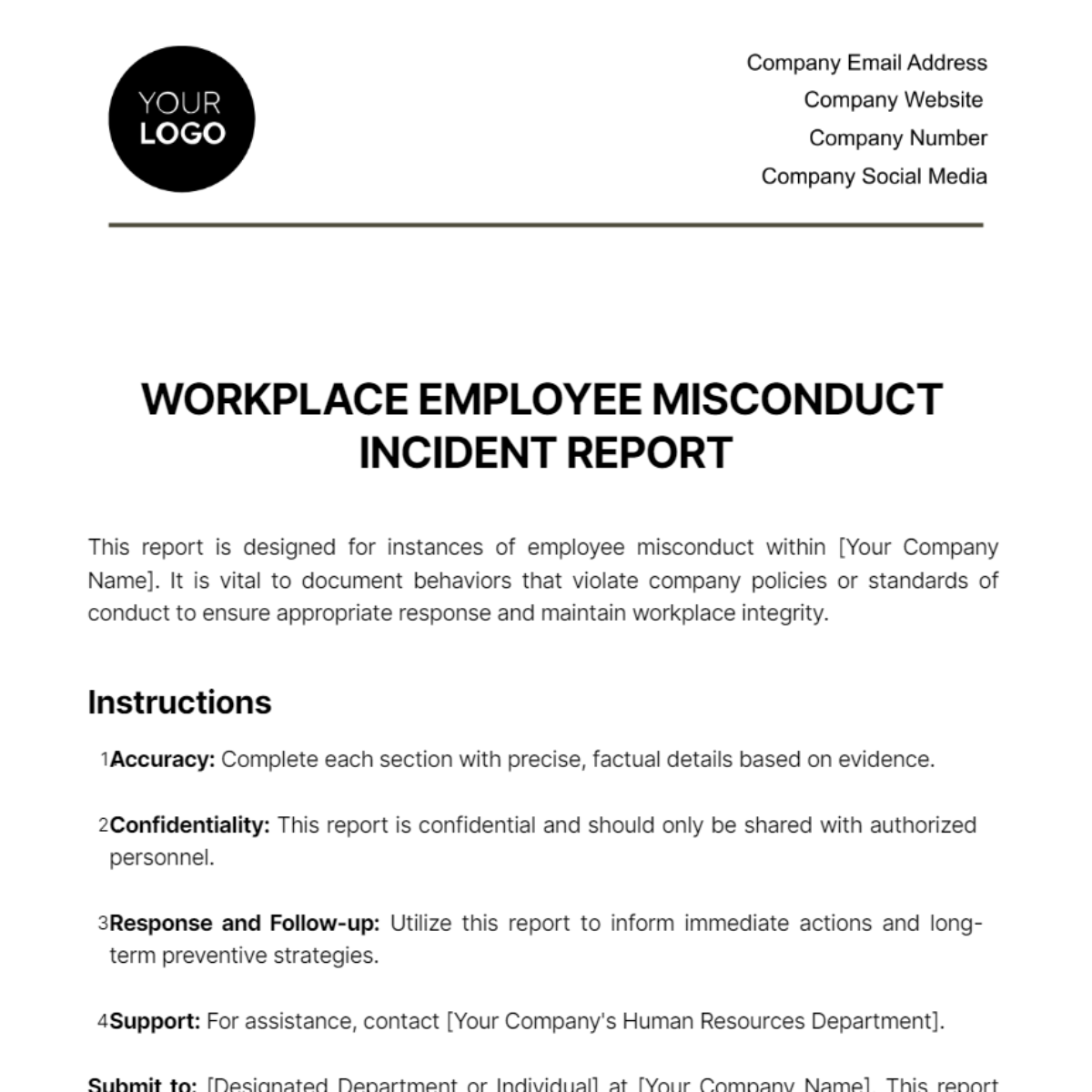 Workplace Employee Misconduct Incident Report Template