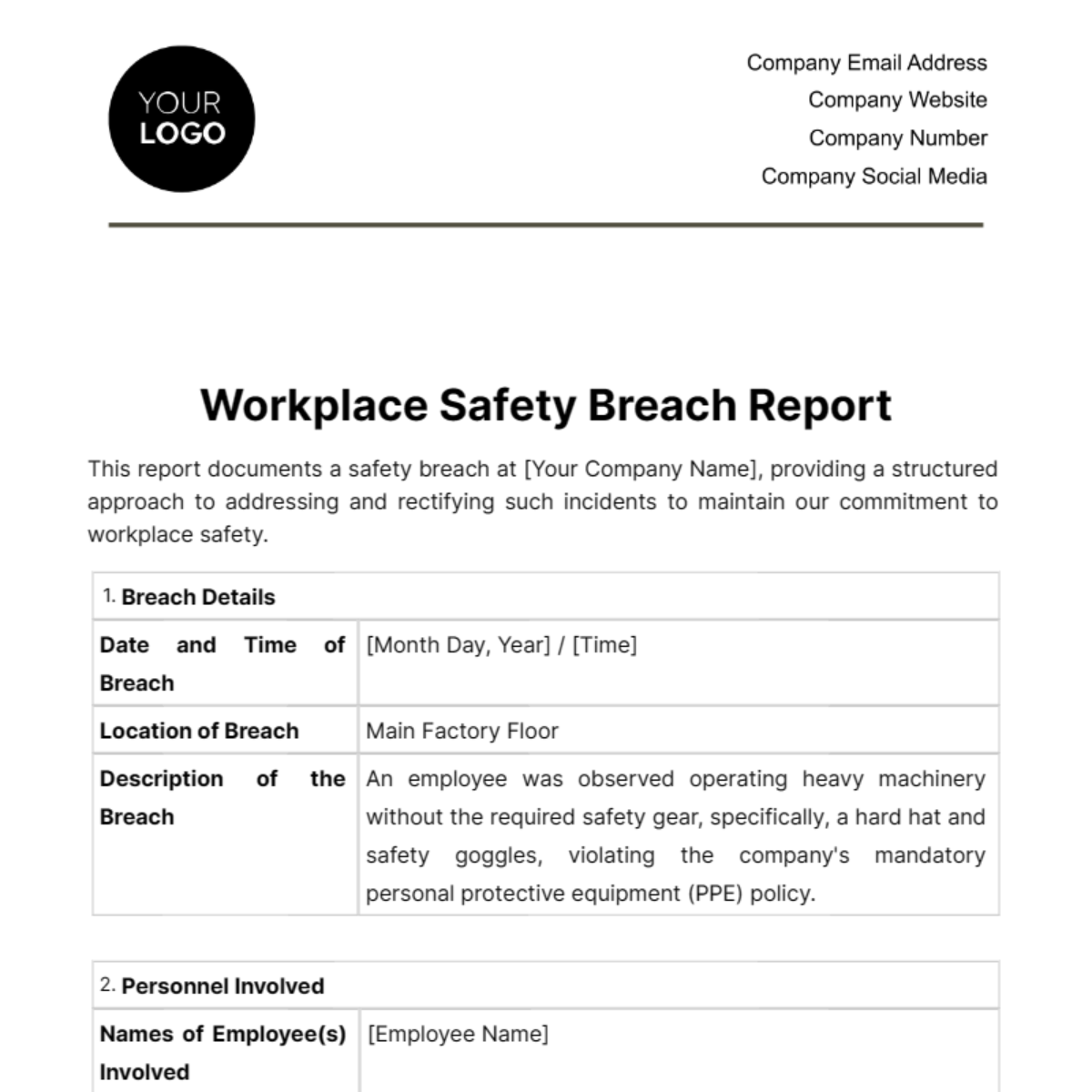 Workplace Safety Breach Report Template