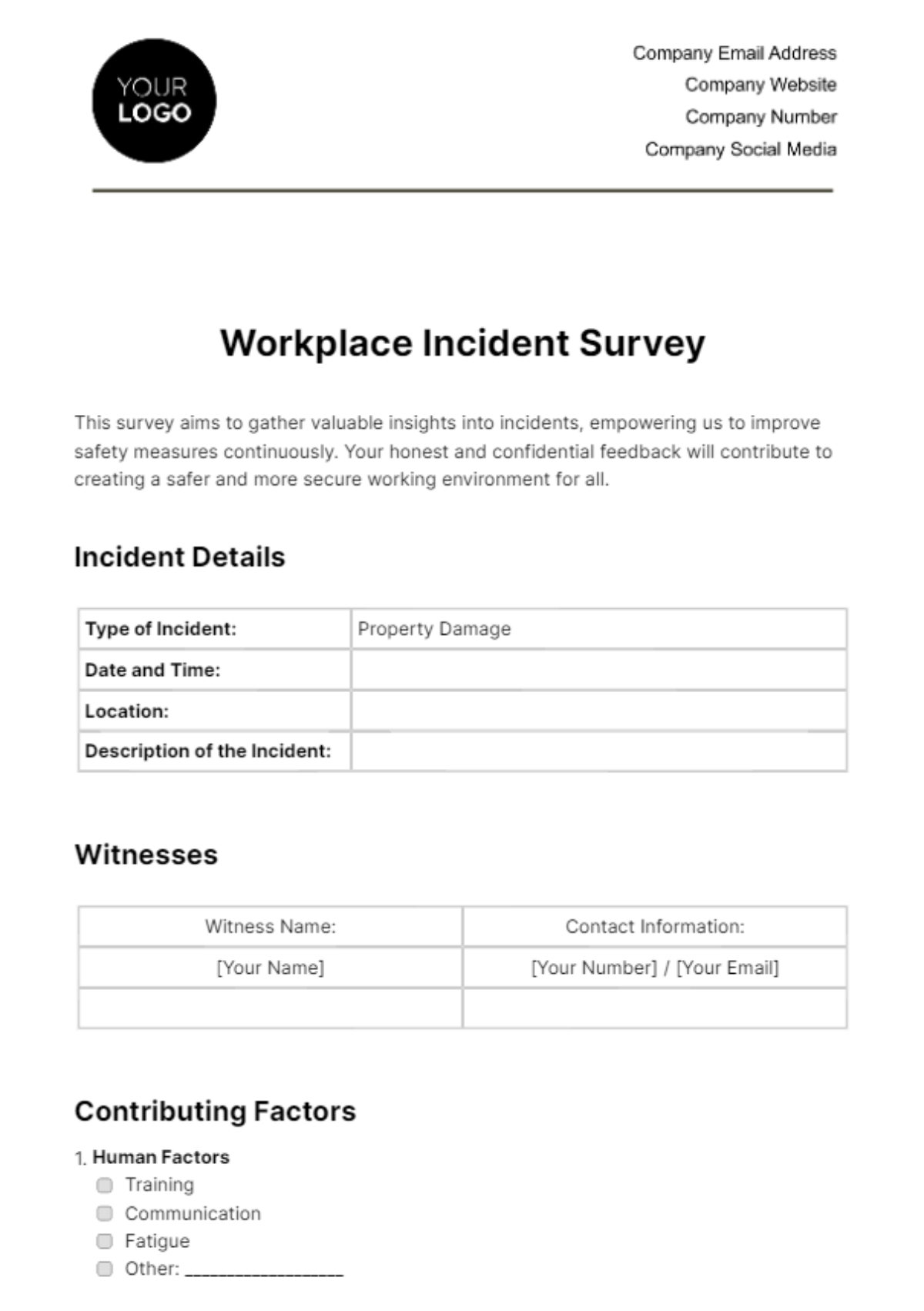 Workplace Incident Survey Template