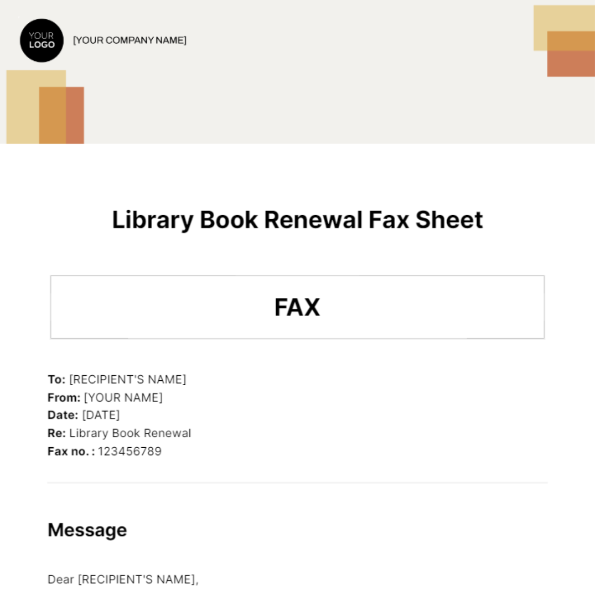 Library Book Renewal Fax Sheet Template