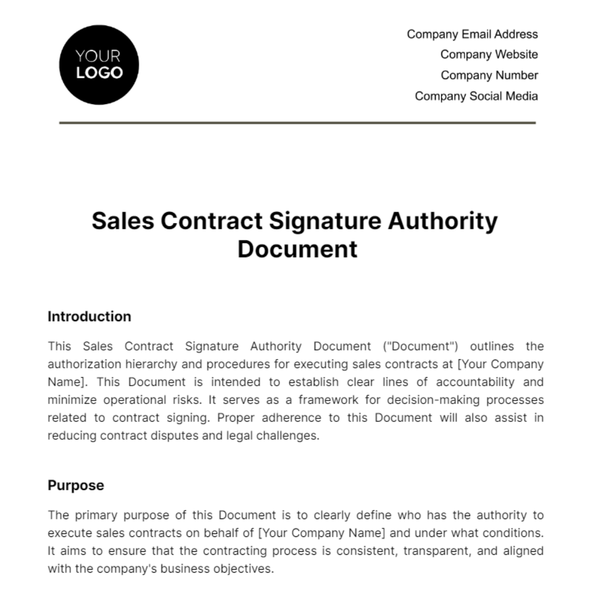 Sales Contract Signature Authority Document Template
