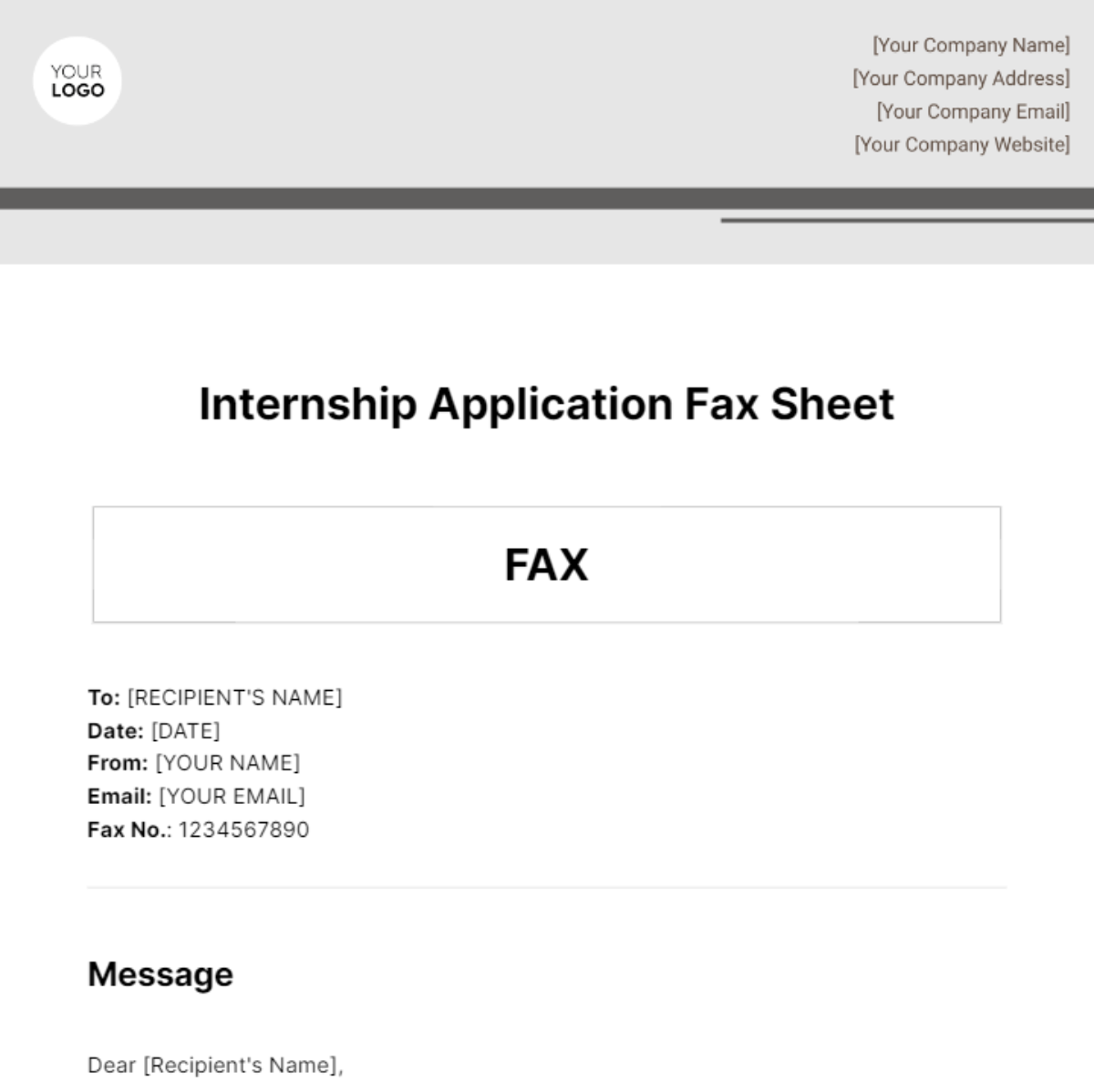 Free Internship Application Fax Sheet Template