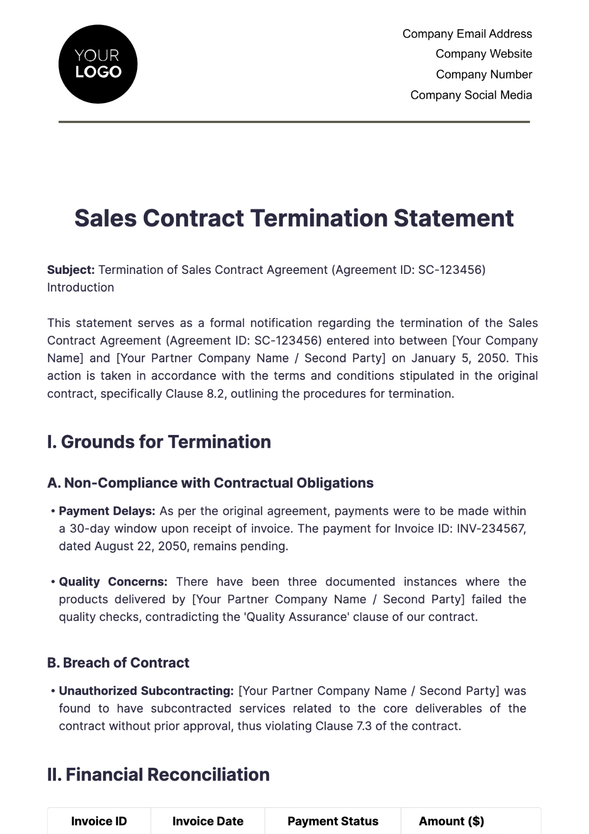 Sales Contract Termination Statement Template - Edit Online & Download