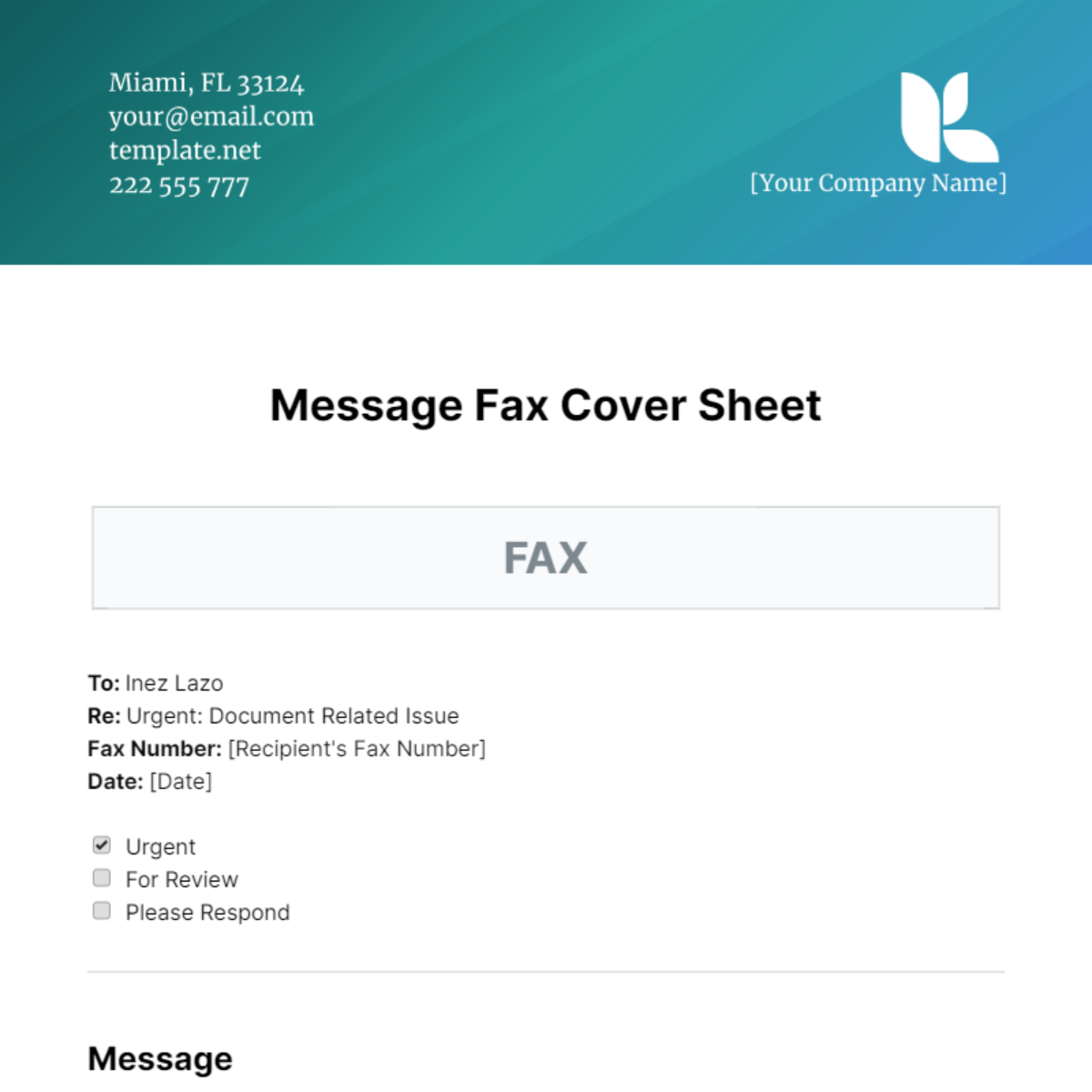 Message Fax Cover Sheet