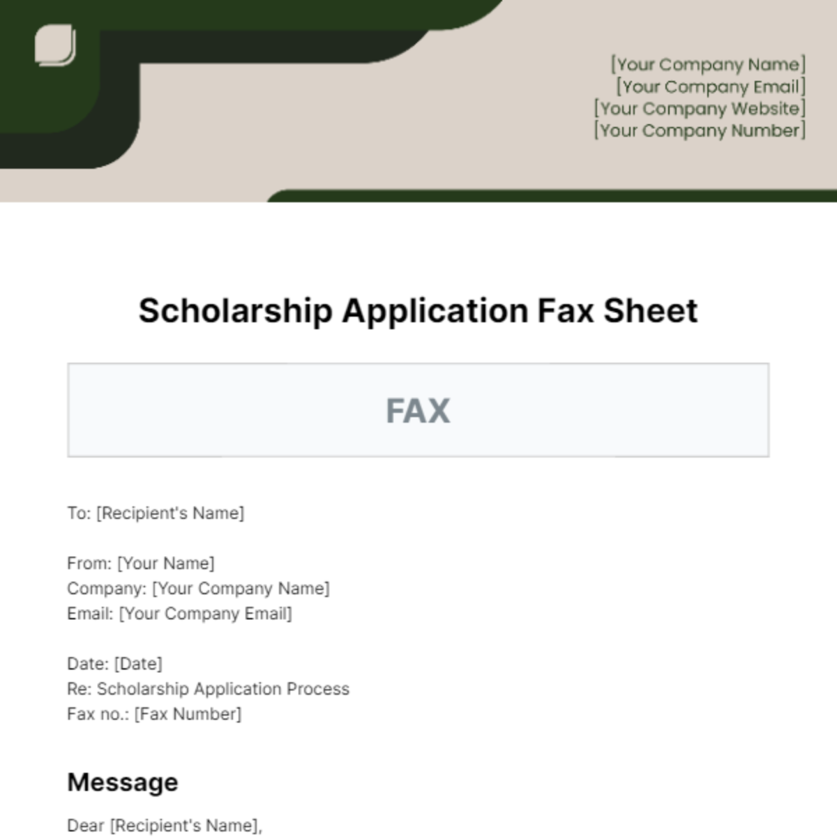 Scholarship Application Fax Sheet Template